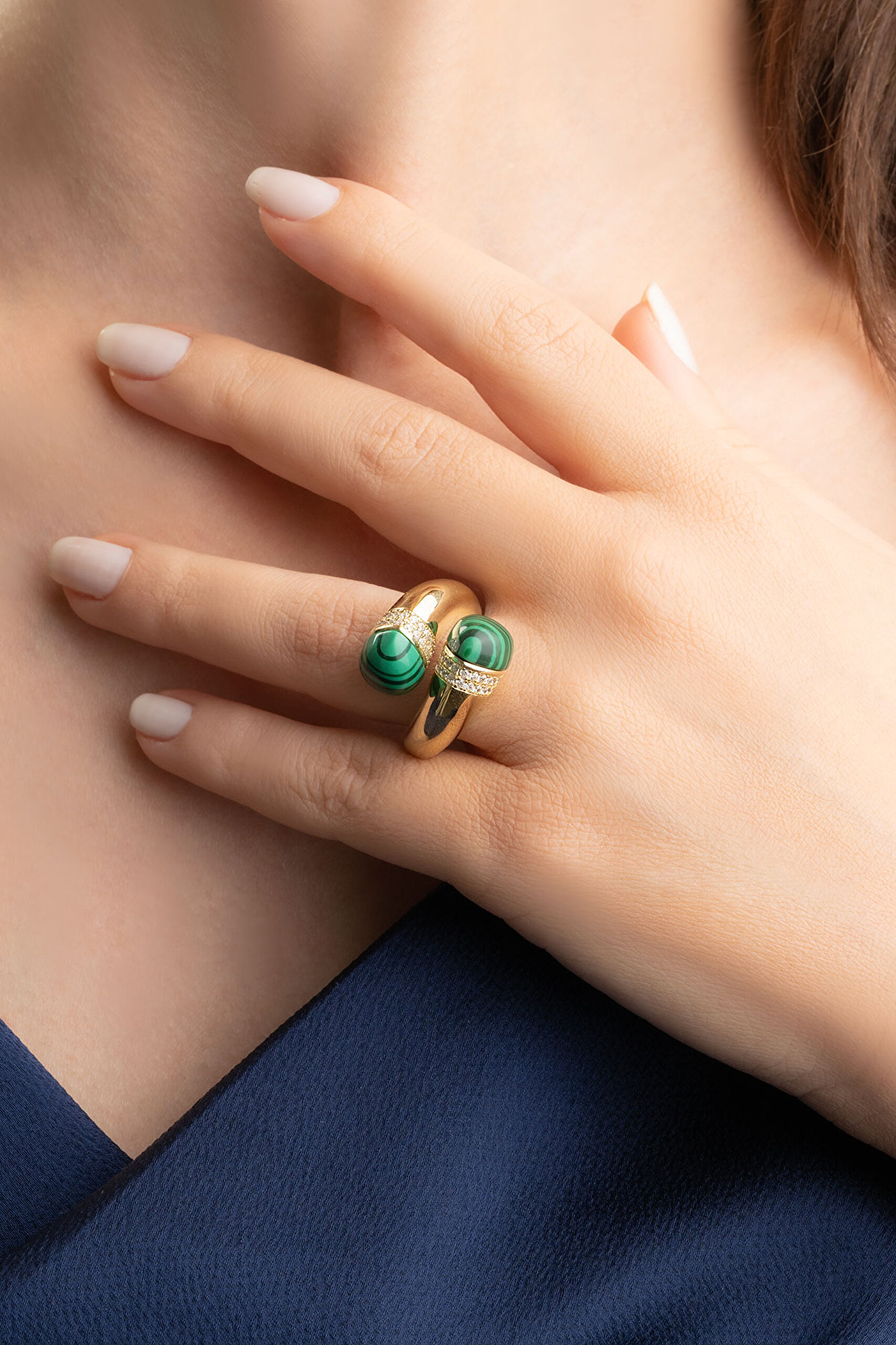 ⁠ Euphoria 18 Ayar Sarı Altın Kaplama Gümüş Malahit Yüzük_2}