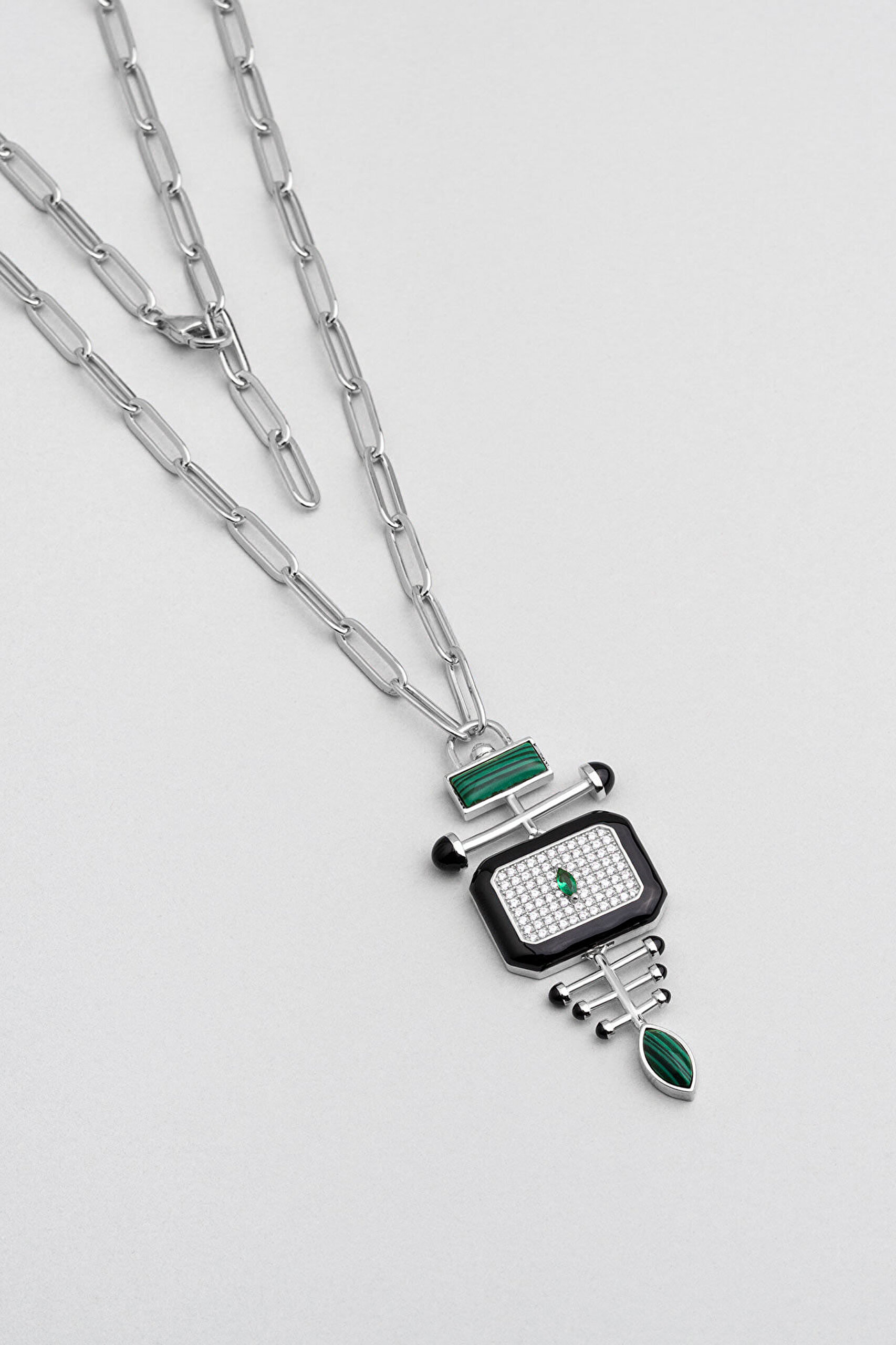 Malahit Tılsımı 18 Ayar Beyaz Altın Kaplama 50 Cm Gümüş Tasarım Kolye - 0