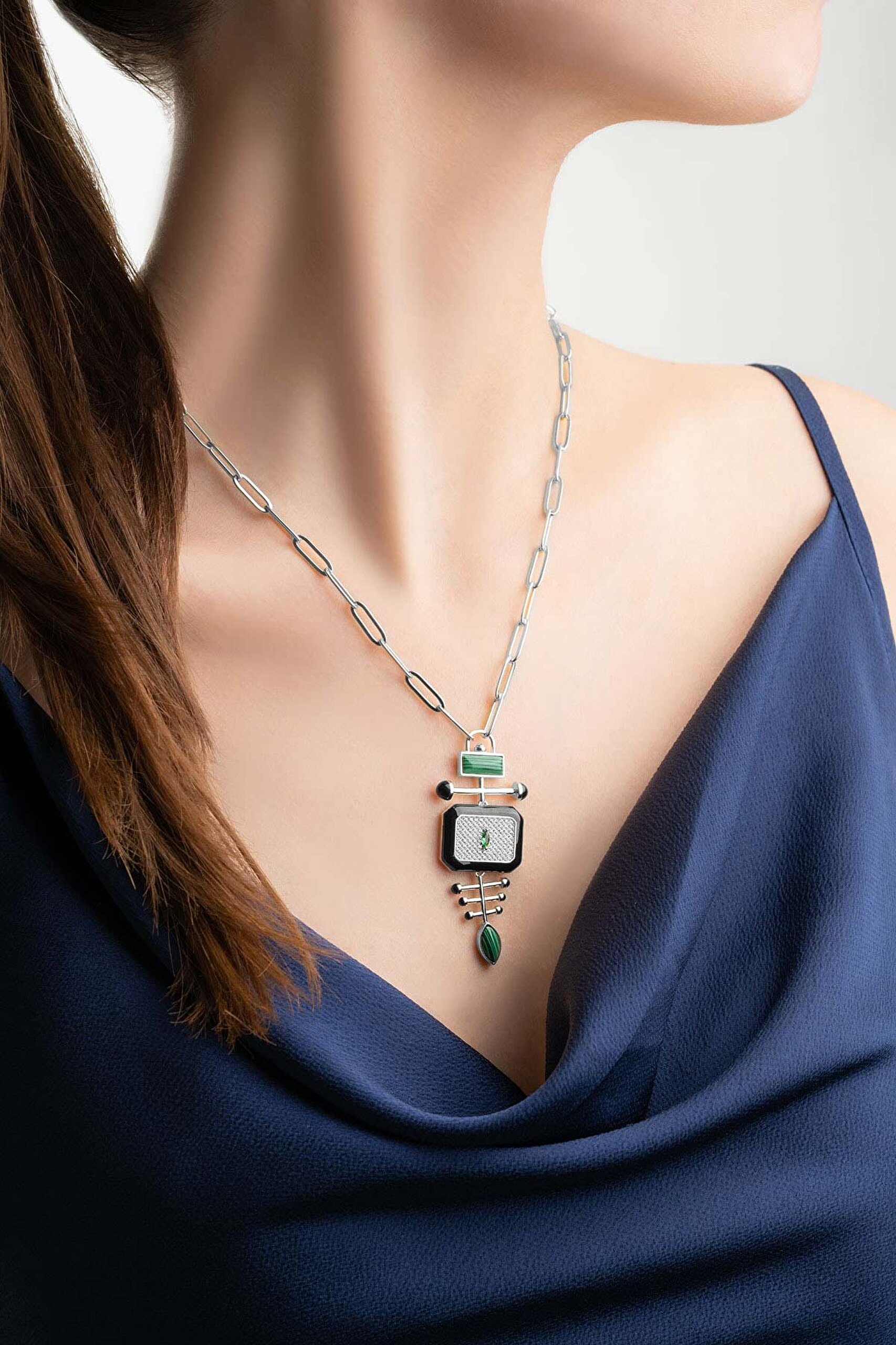 Malahit Tılsımı 18 Ayar Beyaz Altın Kaplama 50 Cm Gümüş Tasarım Kolye - 3