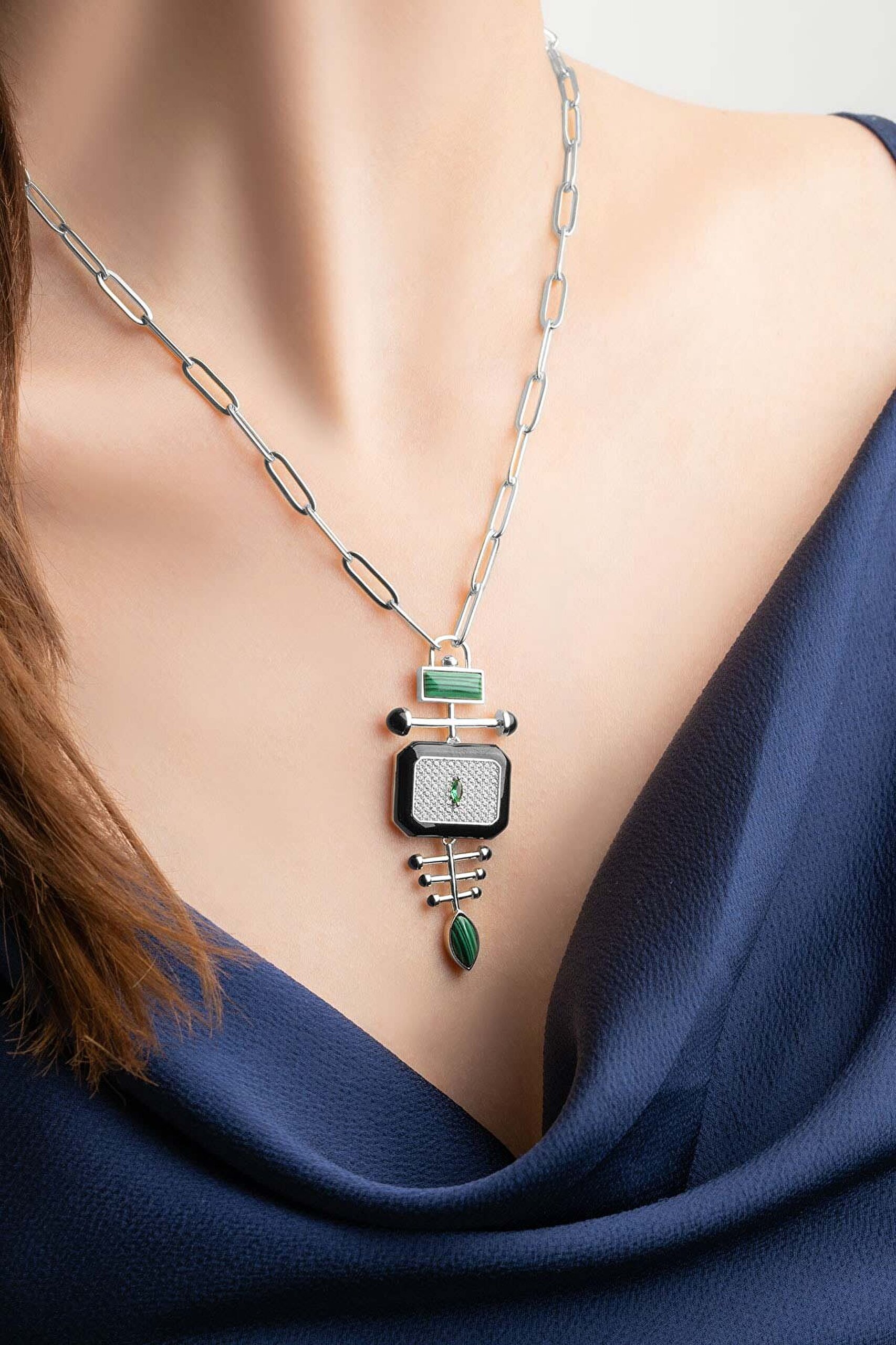 Malahit Tılsımı 18 Ayar Beyaz Altın Kaplama 50 Cm Gümüş Tasarım Kolye - 1