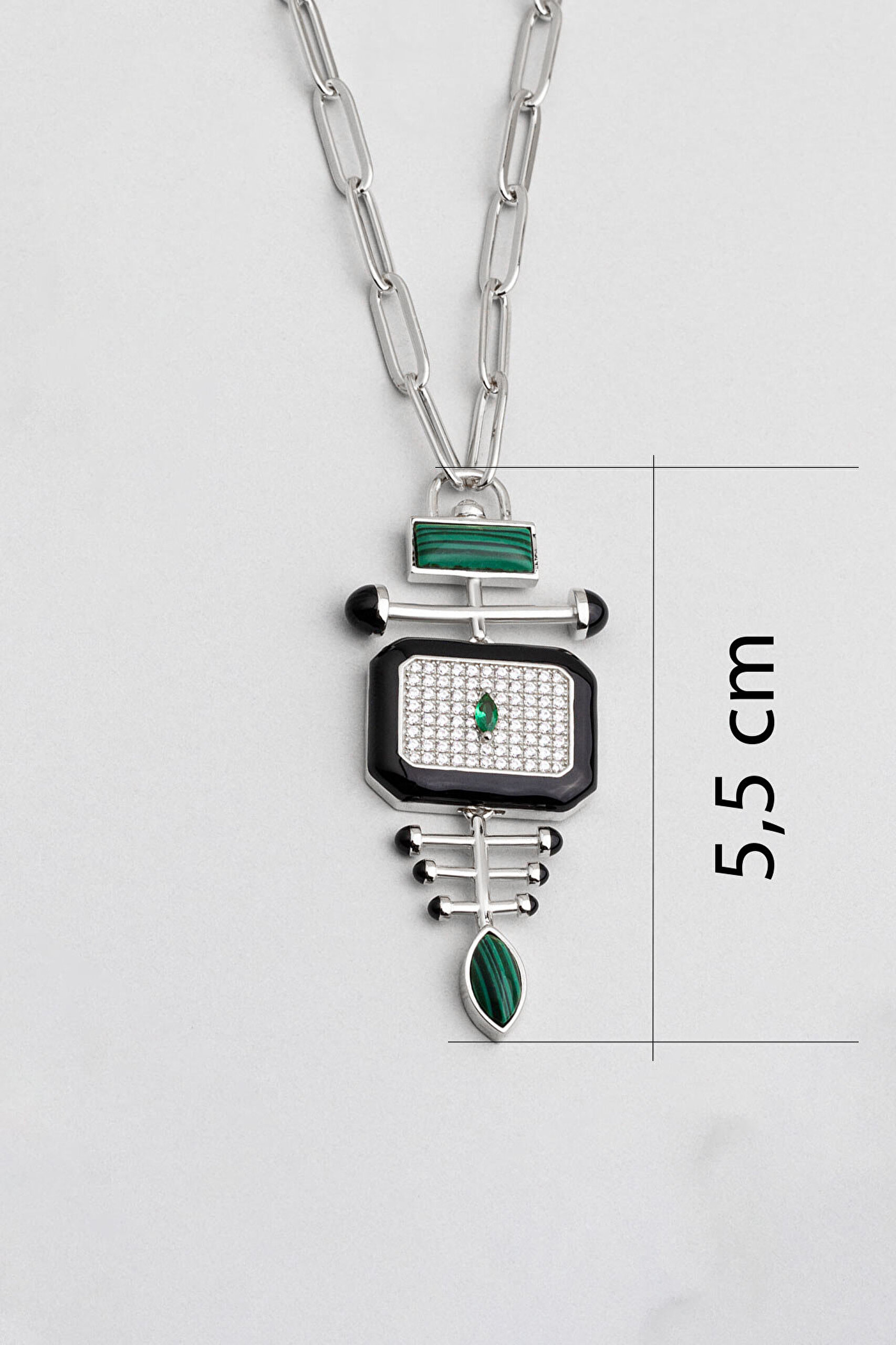 Malahit Tılsımı 18 Ayar Beyaz Altın Kaplama 50 Cm Gümüş Tasarım Kolye - 2