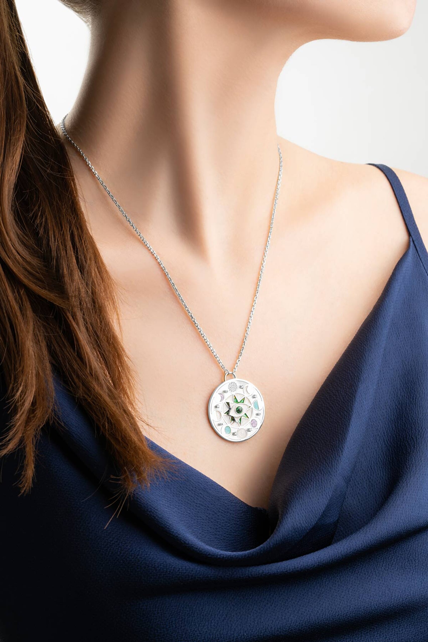 ⁠ Zodyak Gözü 18 Ayar Beyaz Altın Kaplama 45 Cm Gümüş Tasarım Kolye_3}