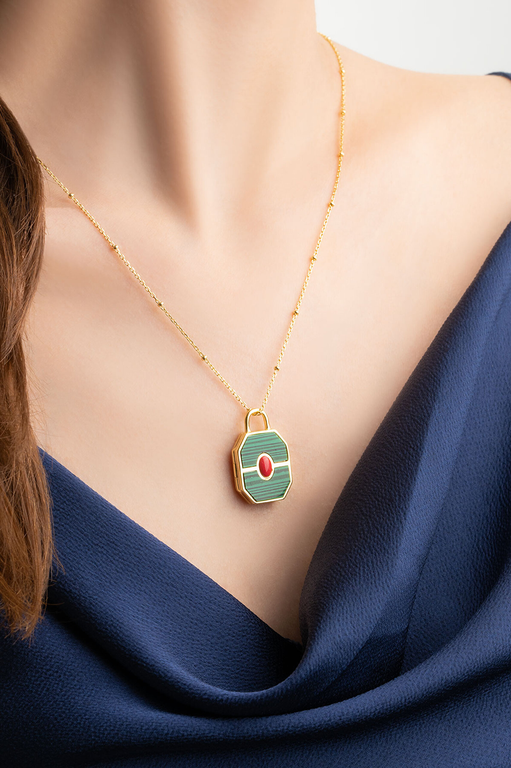 ⁠ Malahit Kapsülü 18 Ayar Sarı Altın Kaplama 55 Cm Gümüş Malahit Kolye_6}