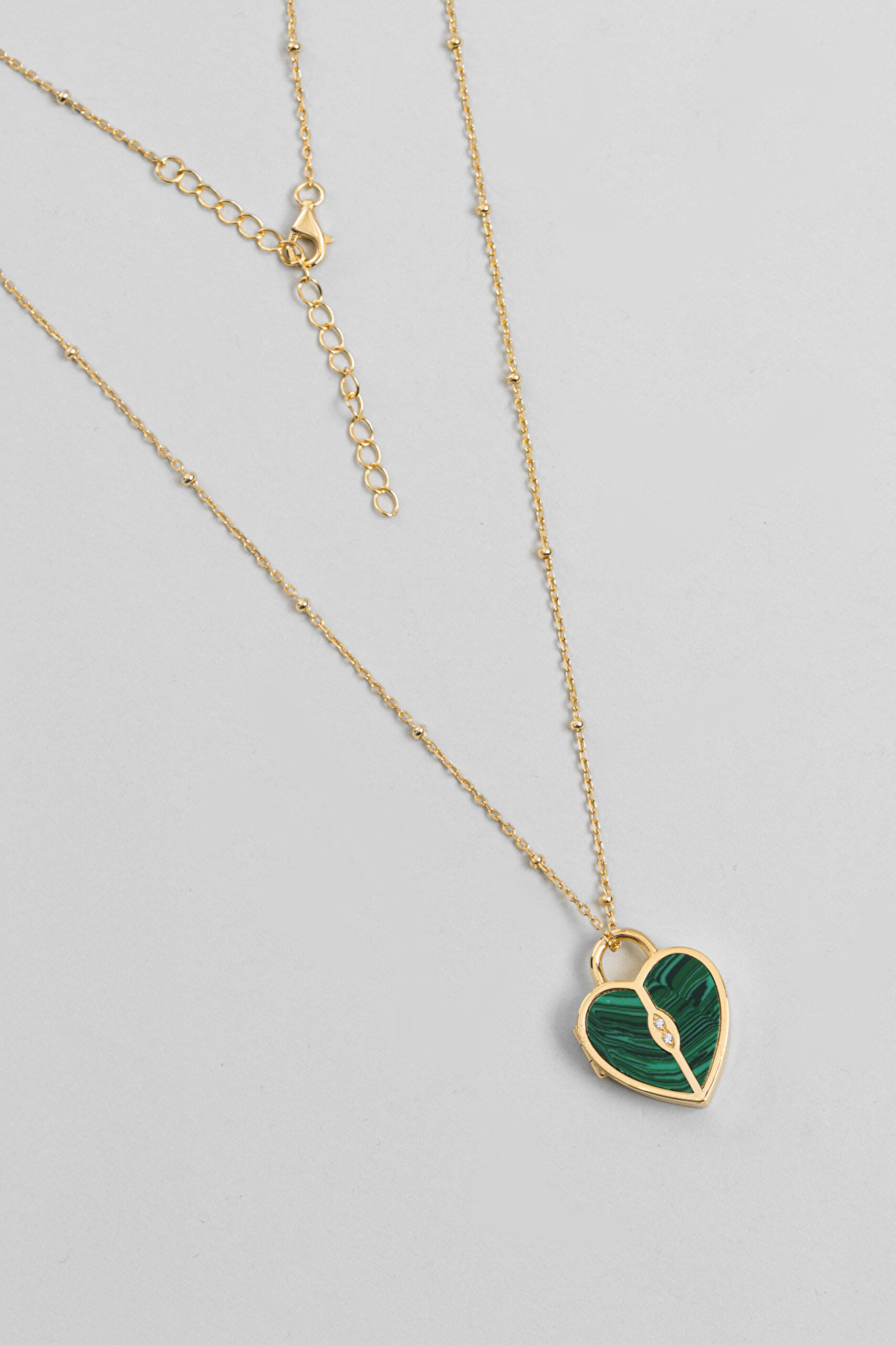 Kalp Anahtarı 18 Ayar Sarı Altın Kaplama 55 Cm Gümüş Malahit Kolye - 4