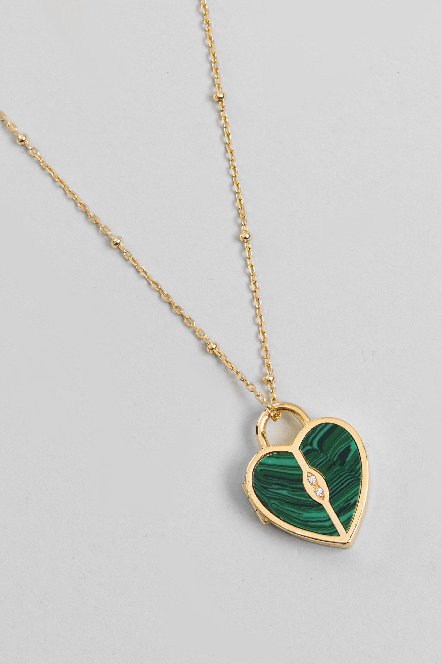 Kalp Anahtarı 18 Ayar Sarı Altın Kaplama 55 Cm Gümüş Malahit Kolye - 5