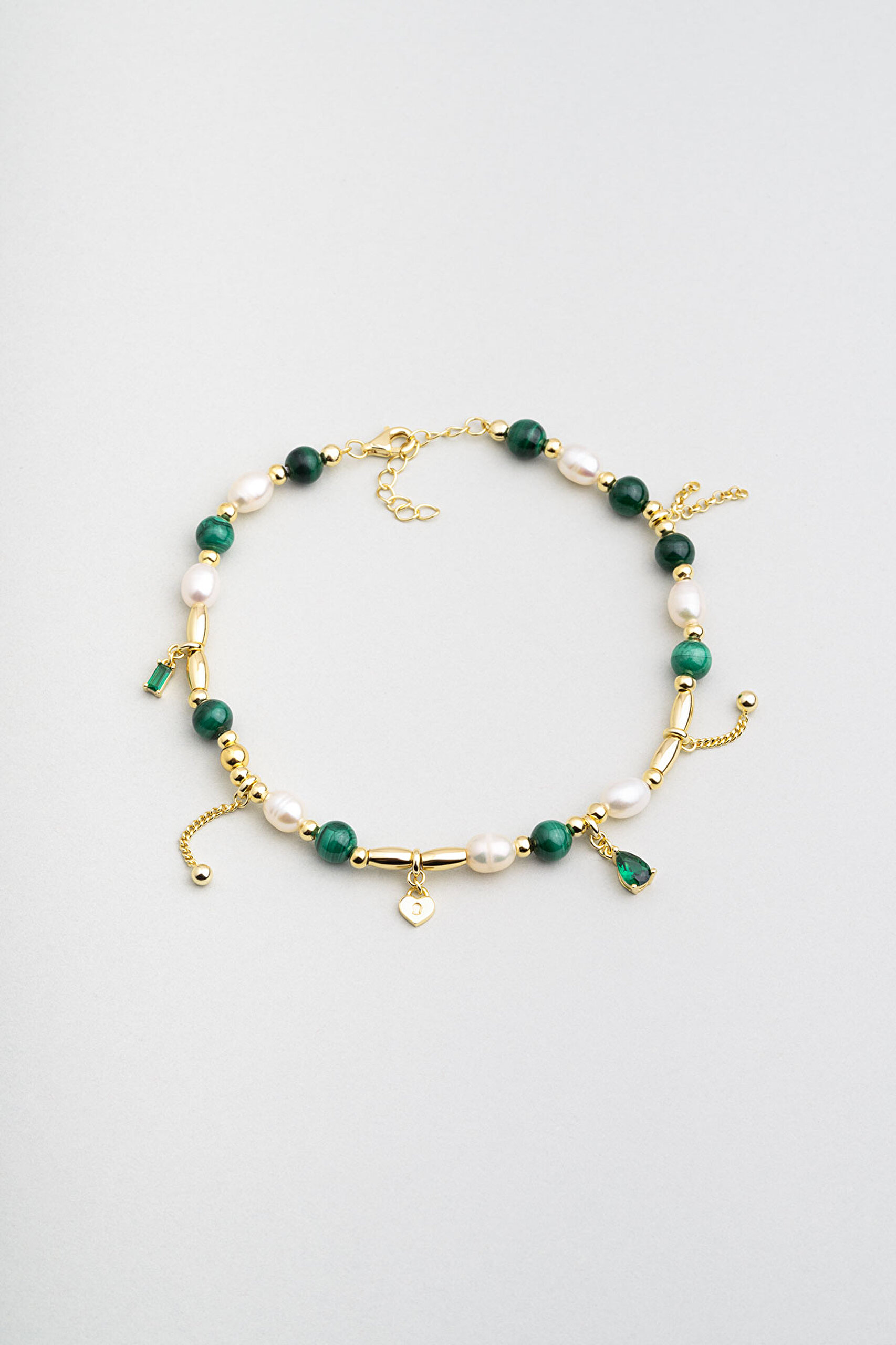 ⁠ Malahit Ve İnci Taşlı 18 Ayar Sarı Altın Kaplama 24 Cm Gümüş Tasarım Hal Hal_0}