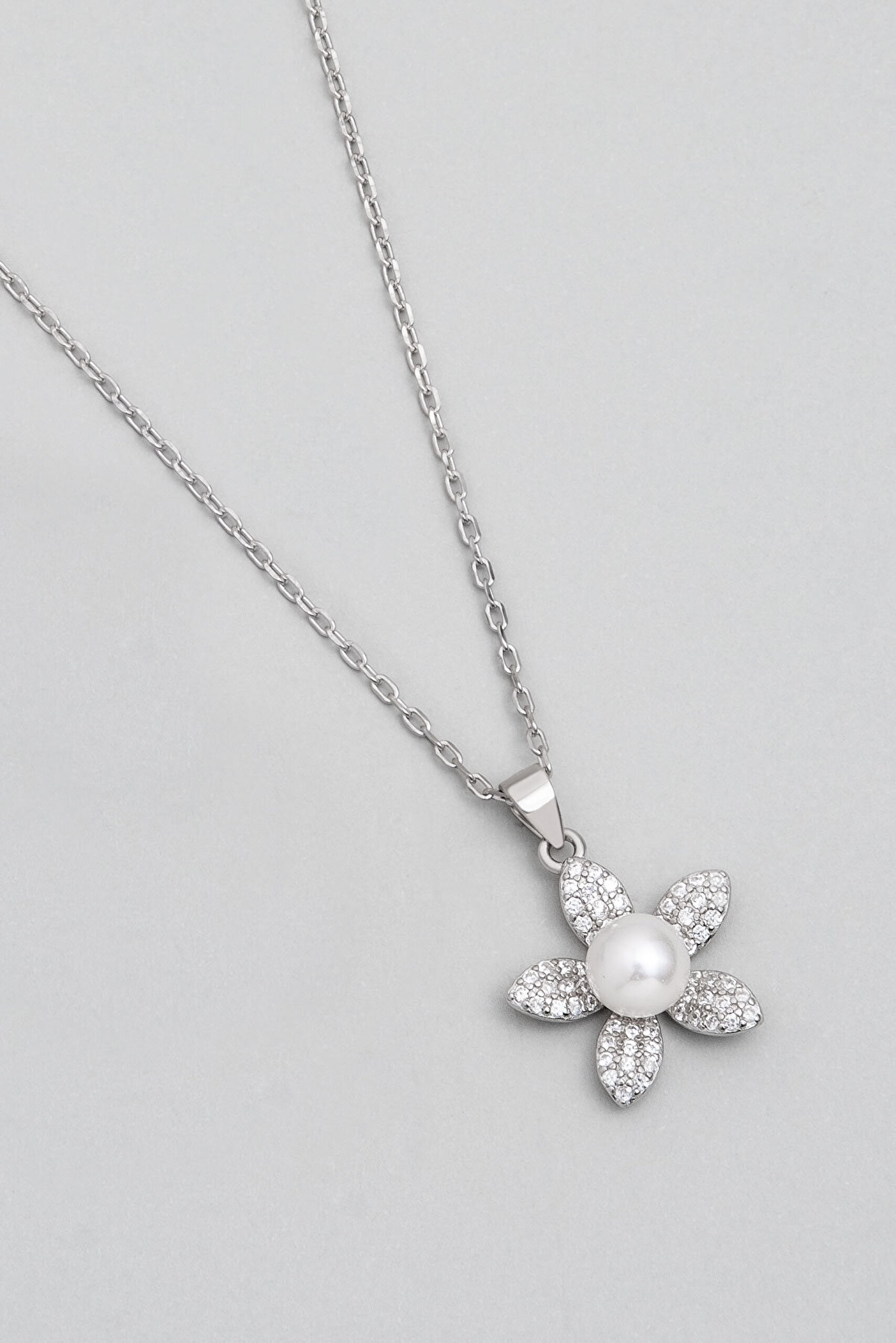 İnci Çiçeği 18 Ayar Beyaz Altın Kaplama Gümüş Seti - 1