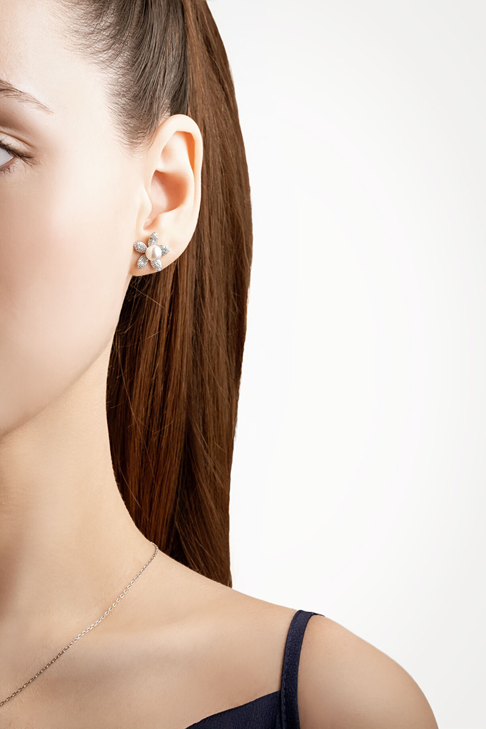 İnci Çiçeği 18 Ayar Beyaz Altın Kaplama Gümüş Seti - 6