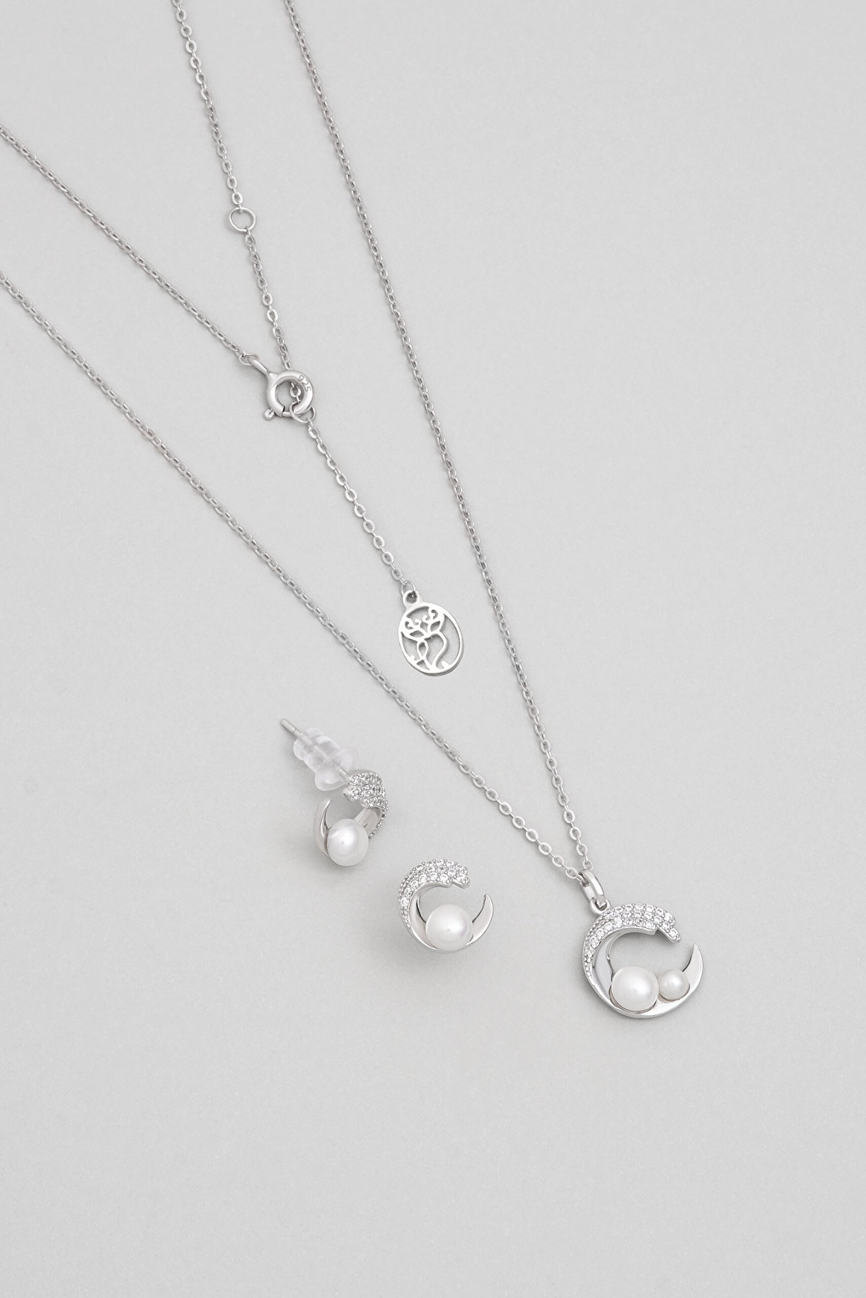 ⁠ Minimal İnci 18 Ayar Beyaz Altın Kaplama Gümüş Seti_0}