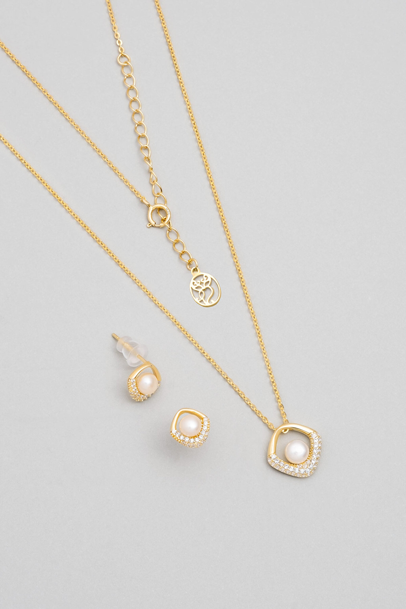 ⁠ İnci Zarafeti 18 Ayar Sarı Altın Kaplama Gümüş Seti_0}