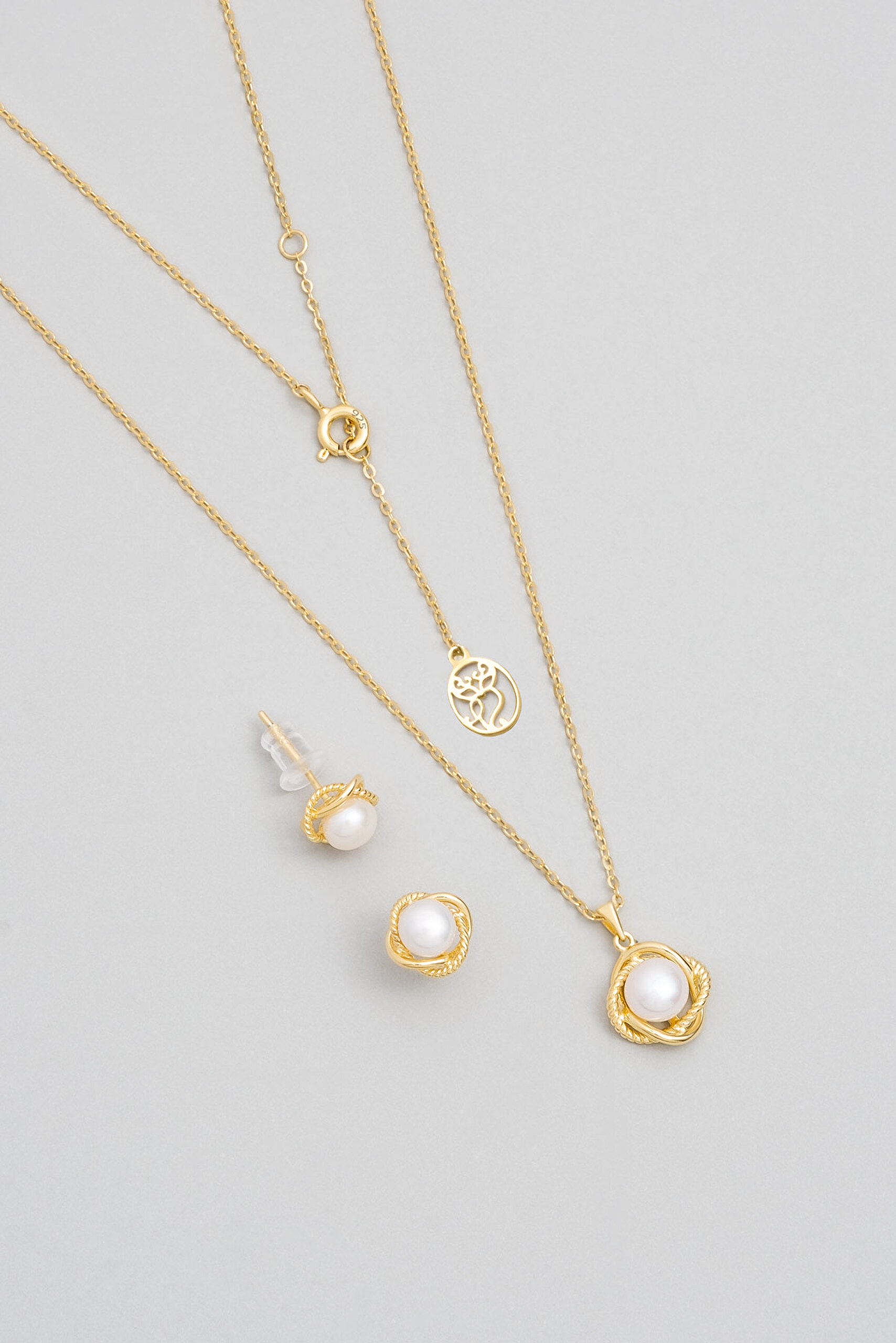 ⁠ Minimal İnci 18 Ayar Sarı Altın Kaplama Gümüş Seti_0}