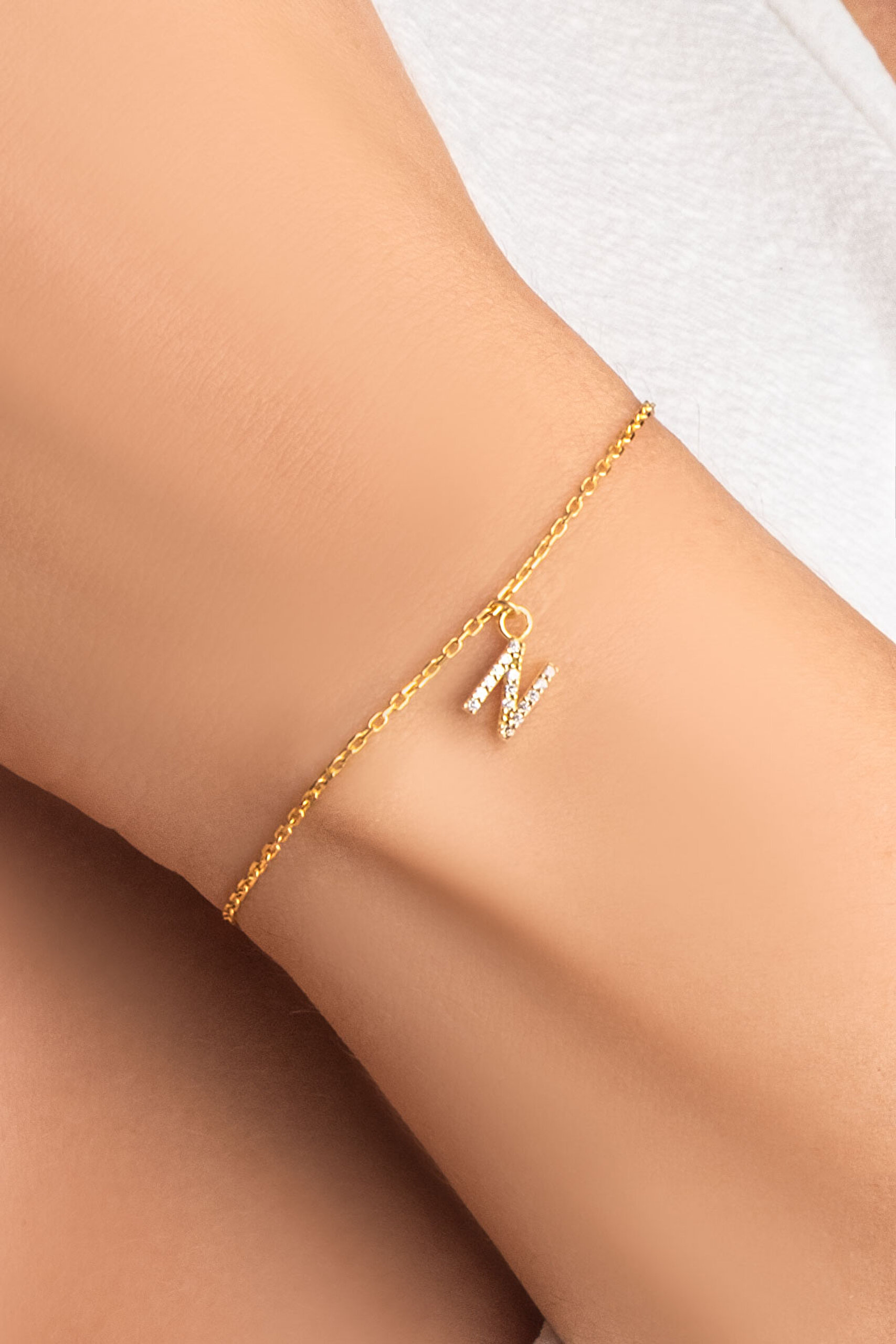 ⁠ N Harfi 18 Ayar Sarı Altın Kaplama 18 Cm Gümüş Bileklik_4}