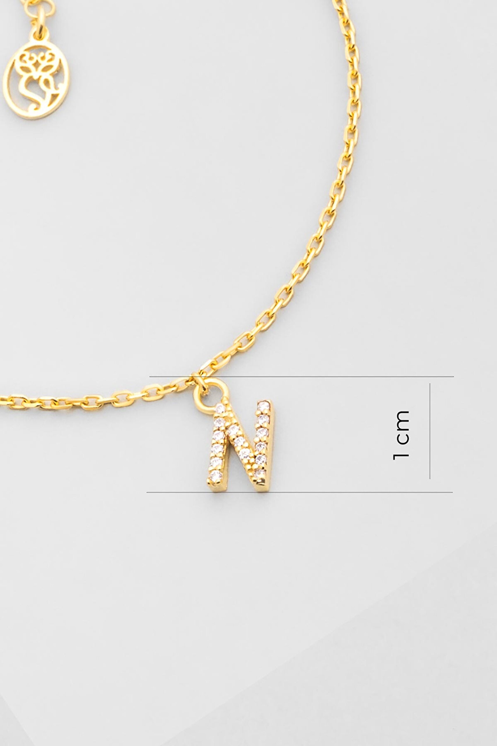 ⁠ N Harfi 18 Ayar Sarı Altın Kaplama 18 Cm Gümüş Bileklik_1}