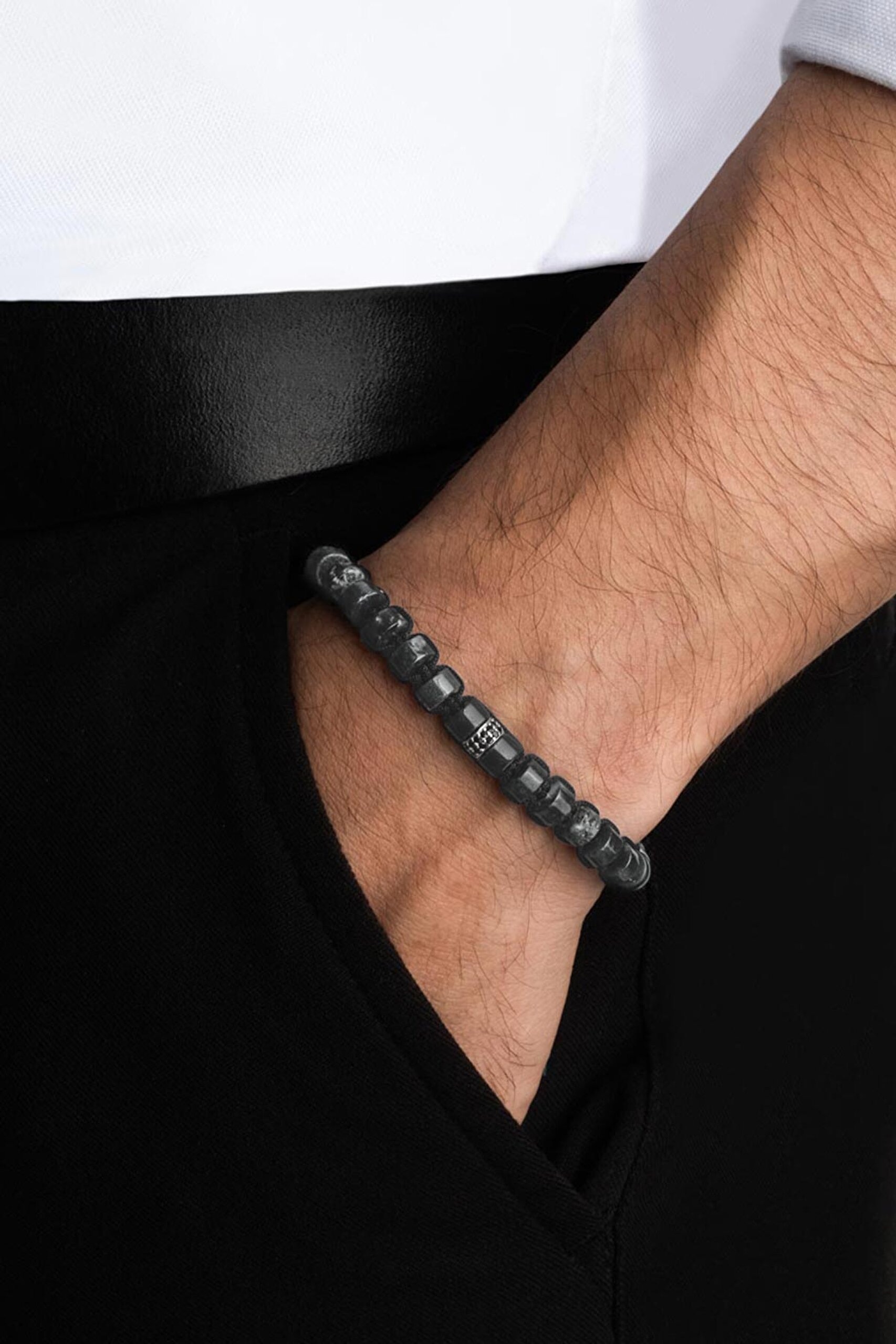 ⁠ Doğal Kalsedon Taşlı Ayarlanabilir Gümüş Erkek Bileklik_1}