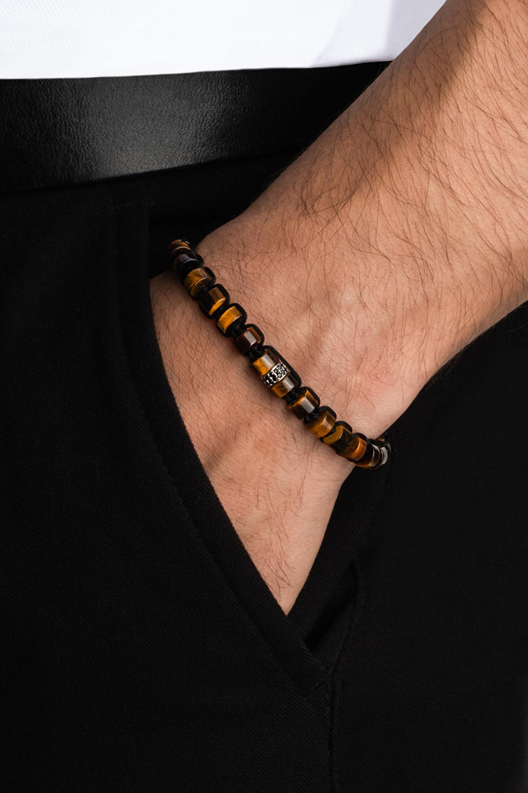 ⁠ Doğal Kaplan Gözü Taşlı Ayarlanabilir Erkek Gümüş Bileklik_3}