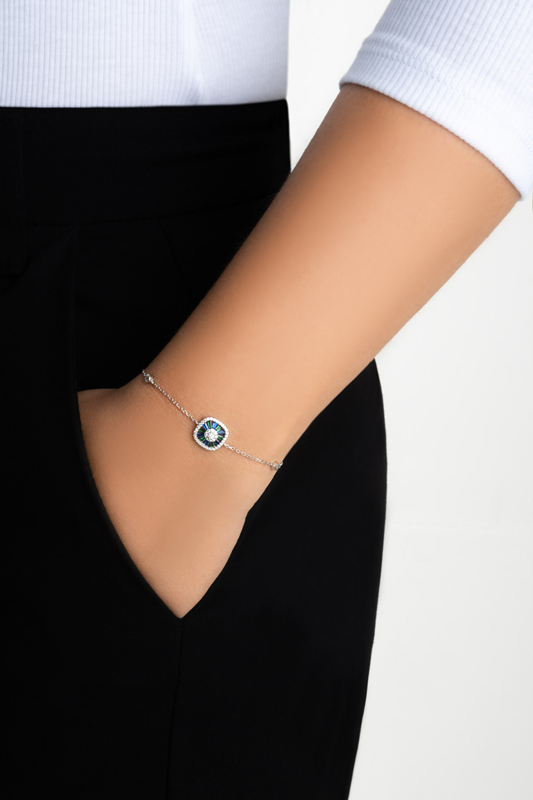 ⁠ Yakamoz Gecesi 18 Ayar Beyaz Altın Kaplama 19 Cm Gümüş Bileklik_3}