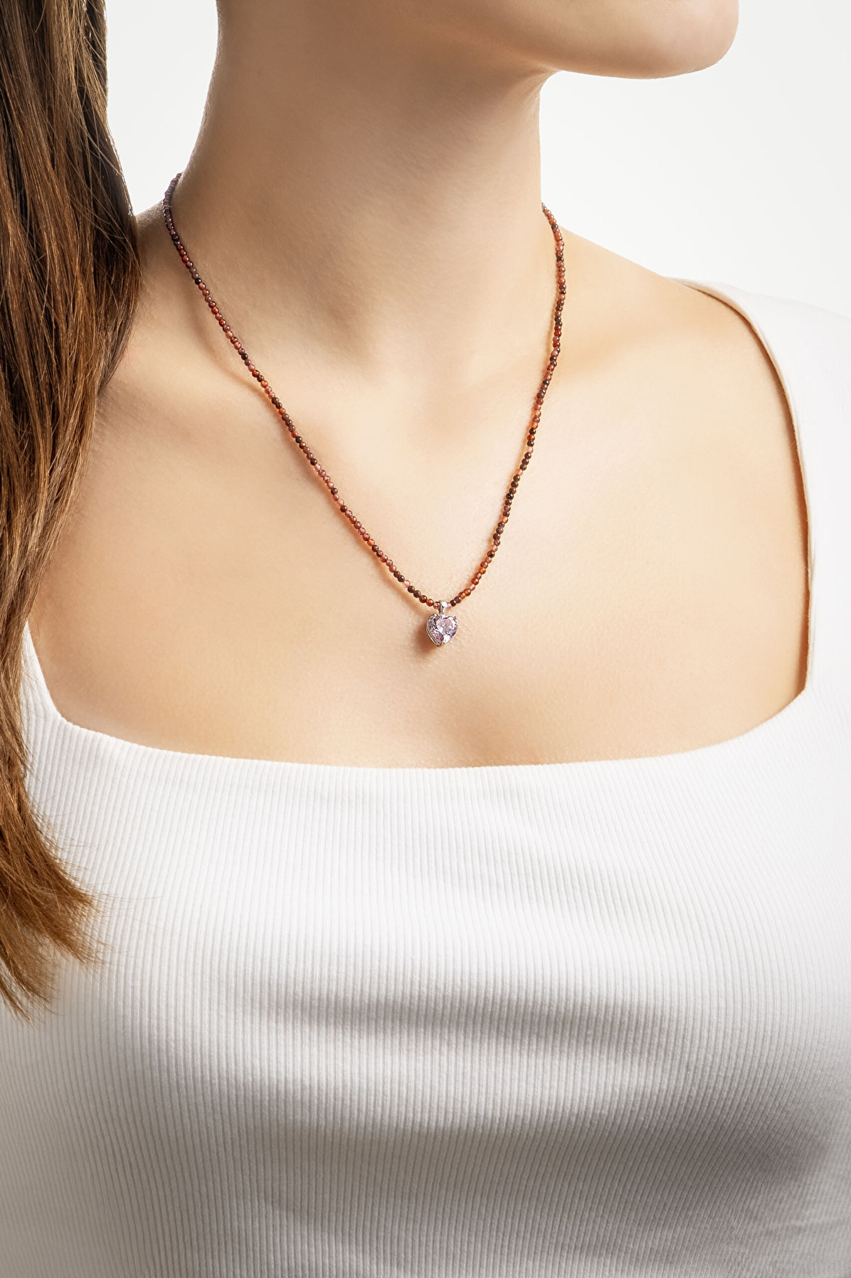 ⁠ Garnet Kalp 18 Ayar Beyaz Altın Kaplama 45 Cm Gümüş Kolye_2}