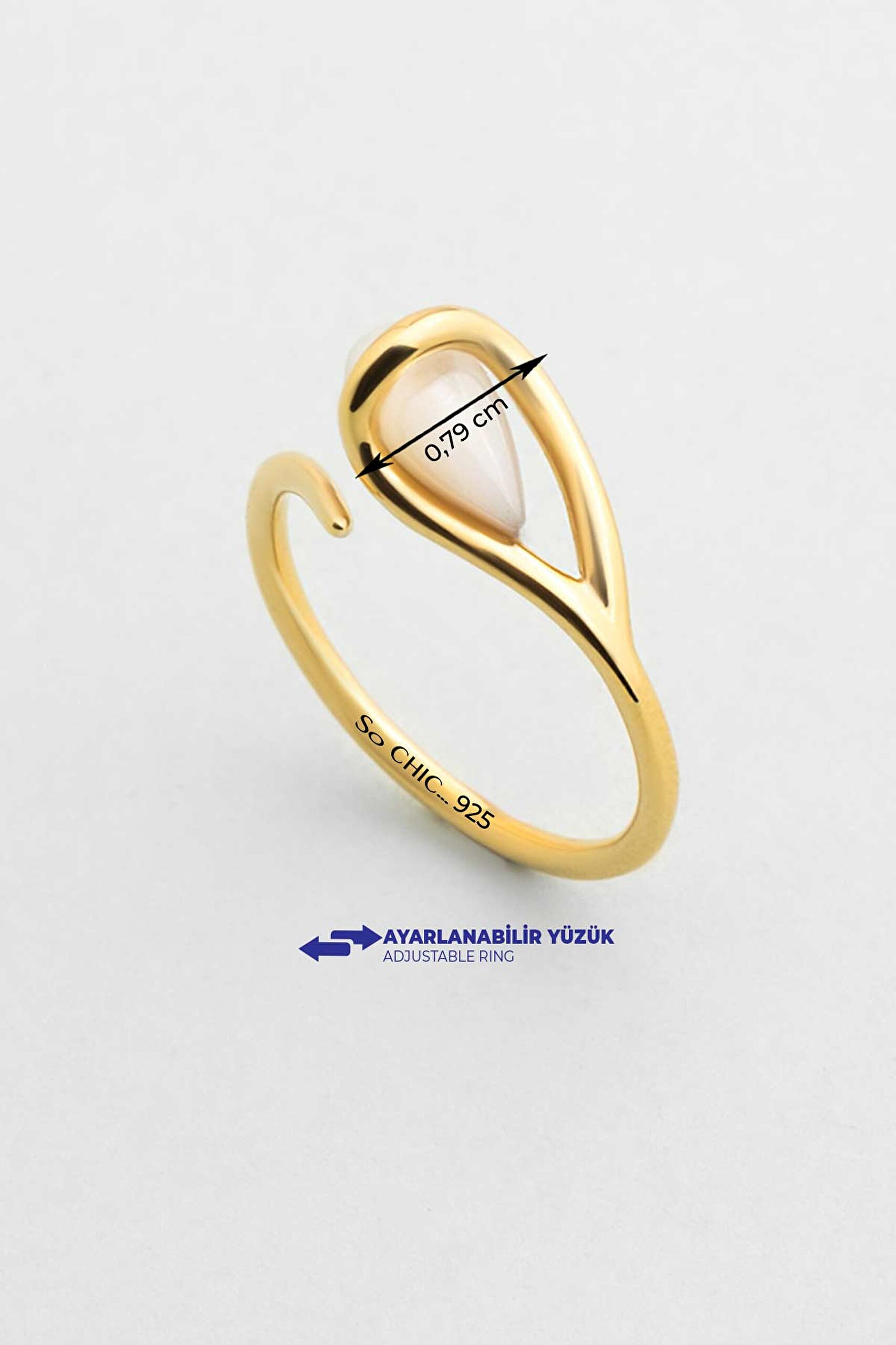 ⁠ Sedef Parıltısı 18 Ayar Sarı Altın Kaplama Ayarlanabilir Gümüş Yüzük_2}