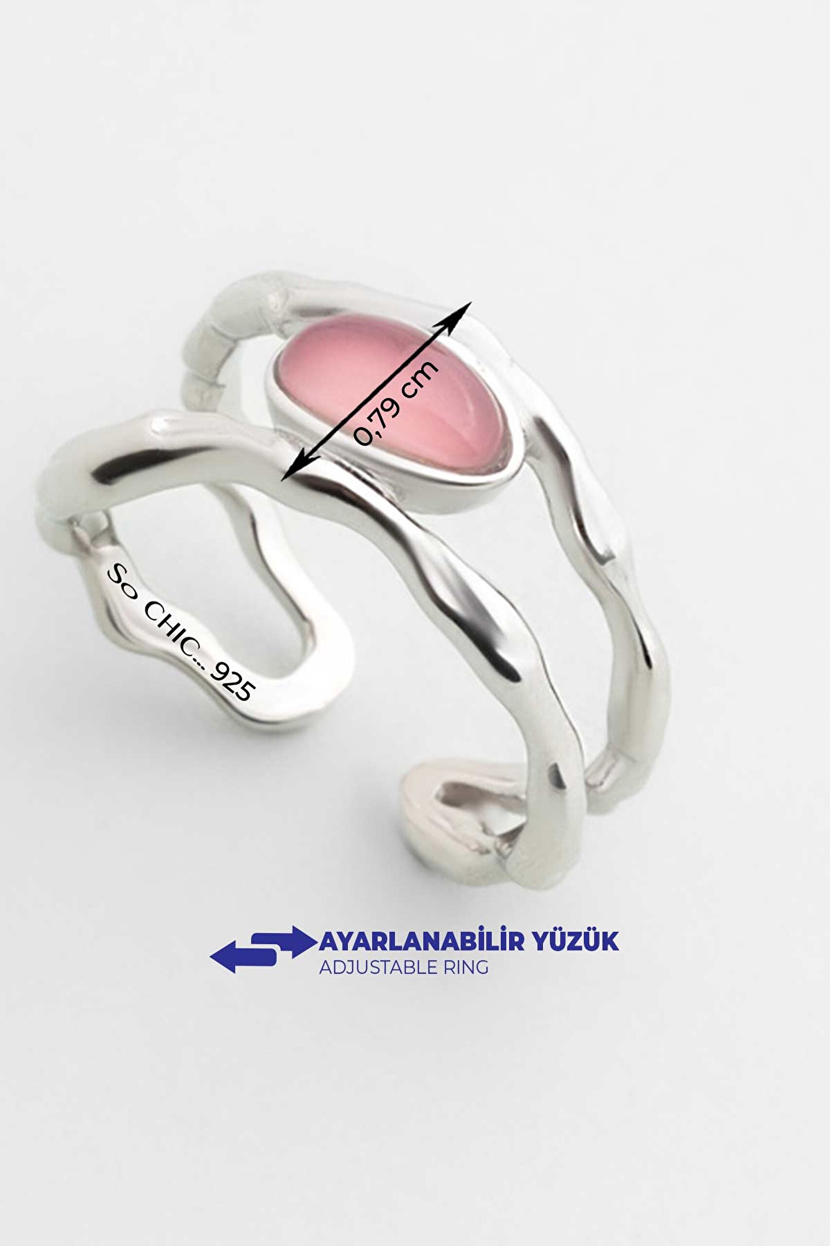 ⁠ Kalsedon Masalı 18 Ayar Beyaz Altın Kaplama Ayarlanabilir Gümüş Yüzük_2}