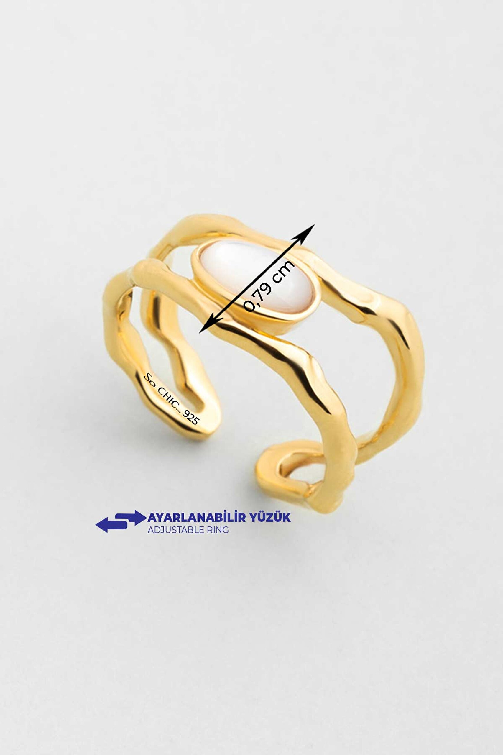 ⁠ Sedef Masalı 18 Ayar Sarı Altın Kaplama Ayarlanabilir Gümüş Yüzük_2}