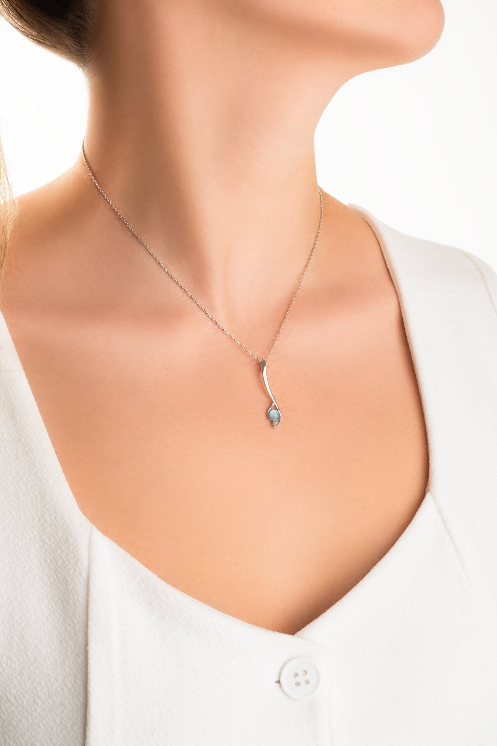 Kalsedon Melodisi 18 Ayar Beyaz Altın Kaplama 42 Cm Gümüş Kolye - 3