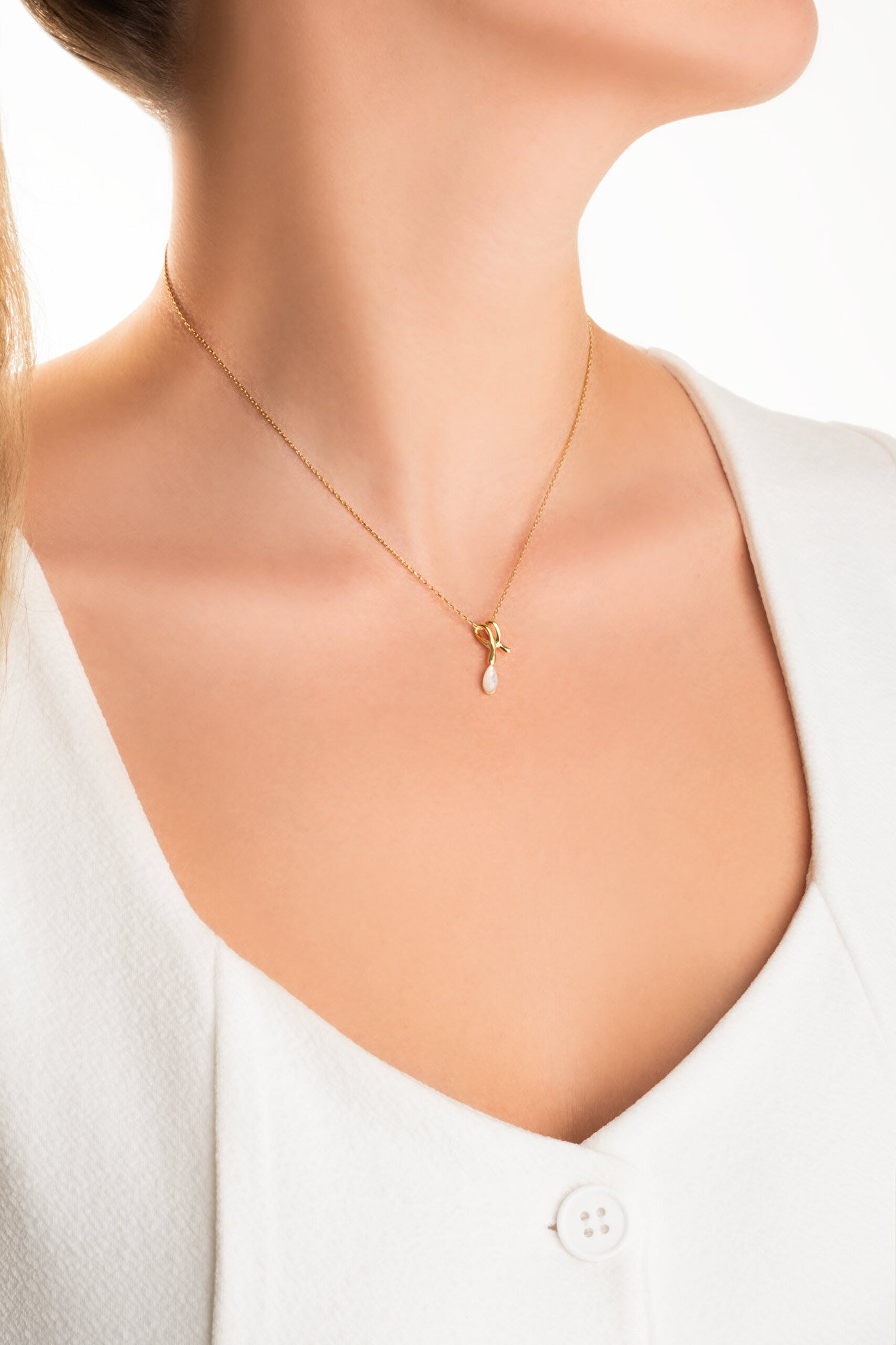 Sedef Işığı 18 Ayar Sarı Altın Kaplama 42 Cm Gümüş Kolye - 3