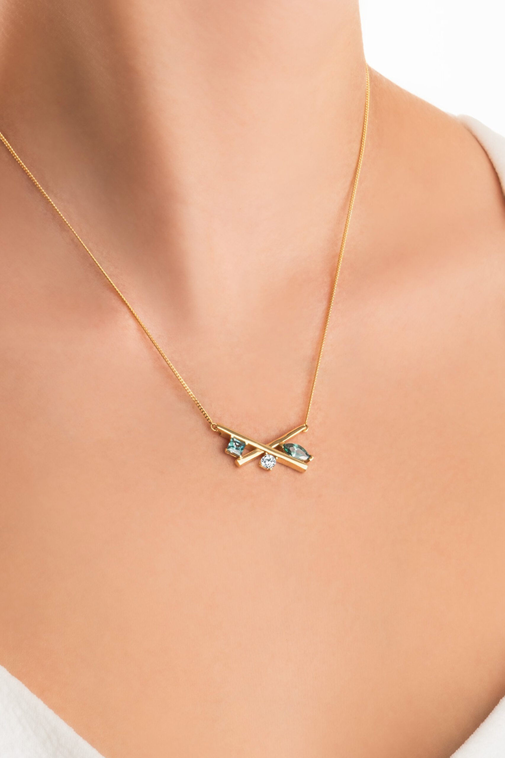 ⁠ Mistik Paraiba 18 Ayar Sarı Altın Kaplama 45 Cm Gümüş Kolye_1}