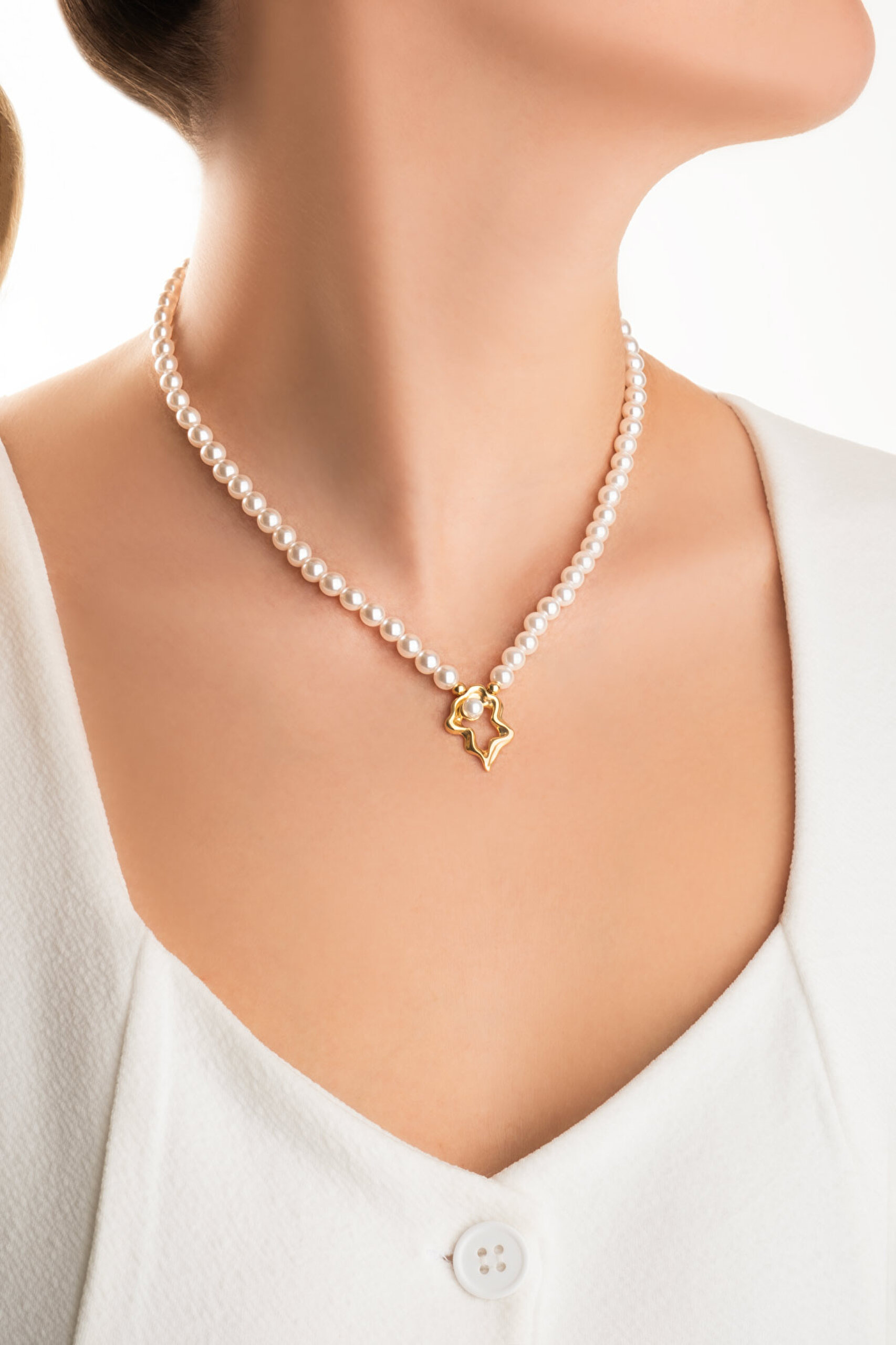 ⁠ Camila 18 Ayar Sarı Altın Kaplama 42 Cm Gümüş İnci Kolye_0}