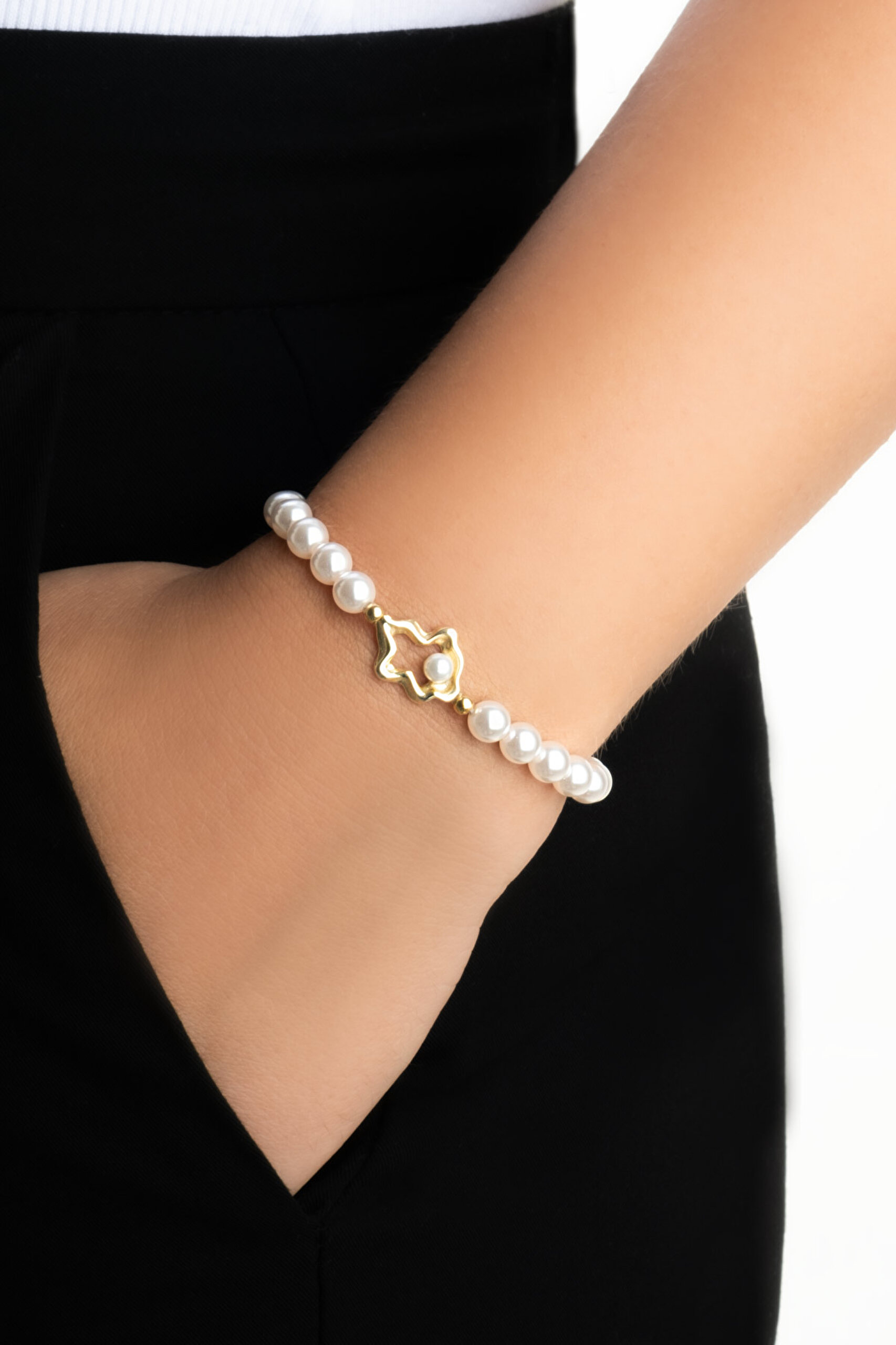 ⁠ Camila 18 Ayar Sarı Altın Kaplama 19 Cm Gümüş İnci Bileklik_1}