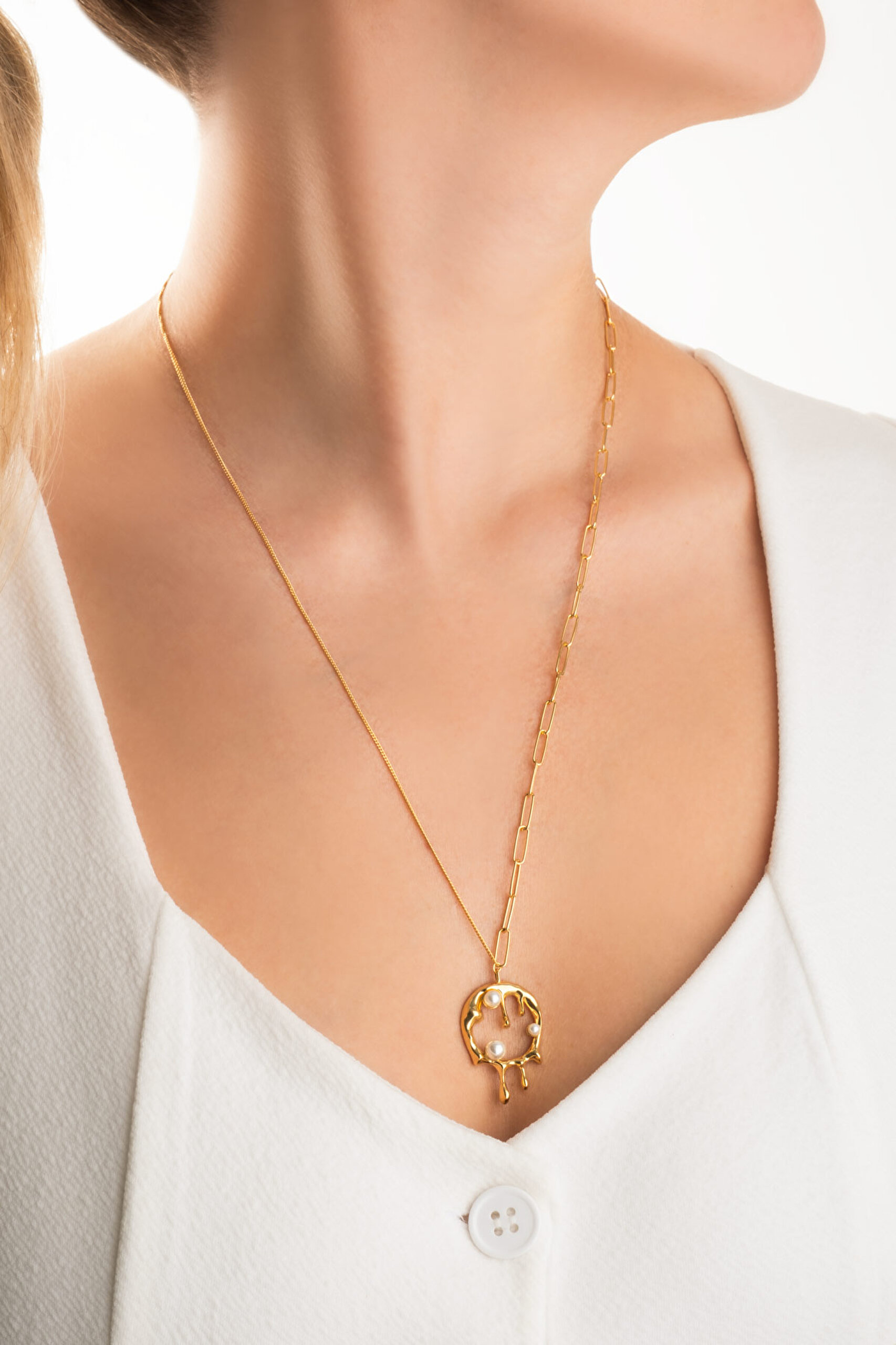 ⁠ Esmeralda 18 Ayar Sarı Altın Kaplama 61 Cm Gümüş İnci Kolye_3}