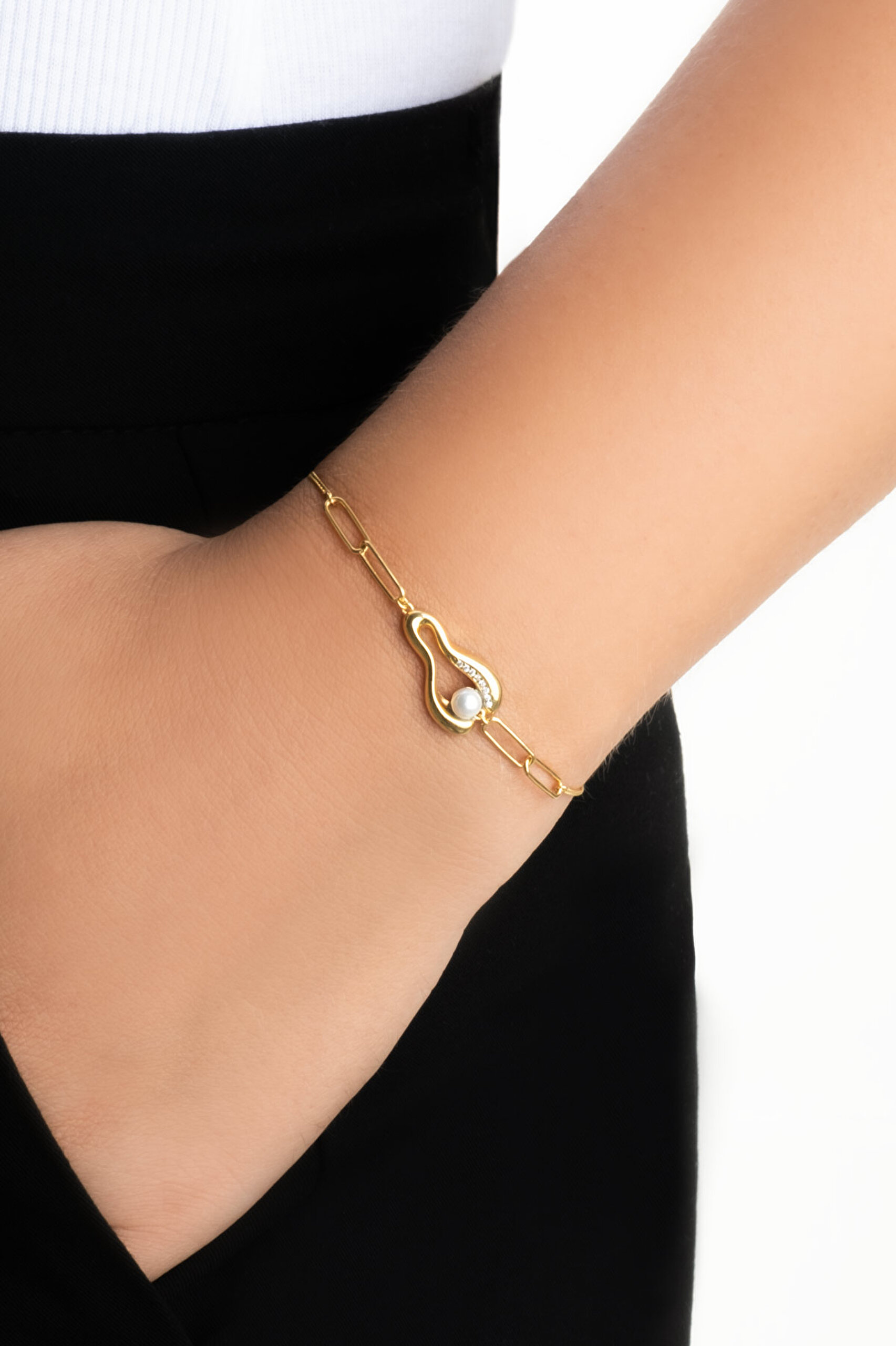 ⁠ Mariana 18 Ayar Sarı Altın Kaplama 19 Cm Gümüş İnci Bileklik_1}