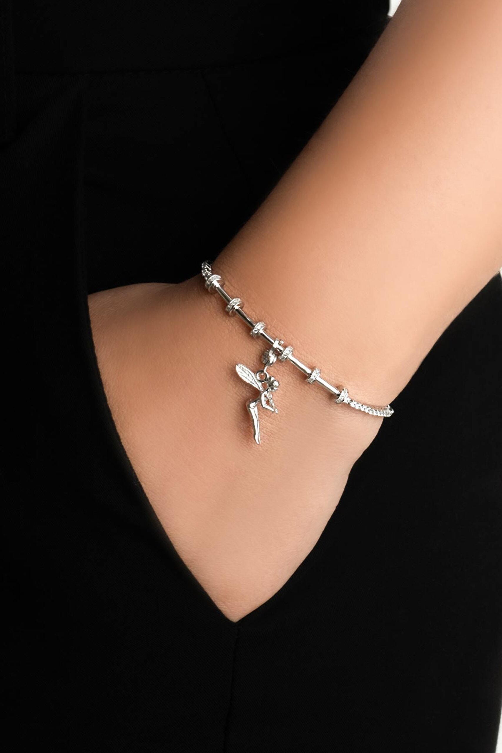 ⁠ Sihirli Peri 18 Ayar Beyaz Altın Kaplama Gümüş Charm_1}