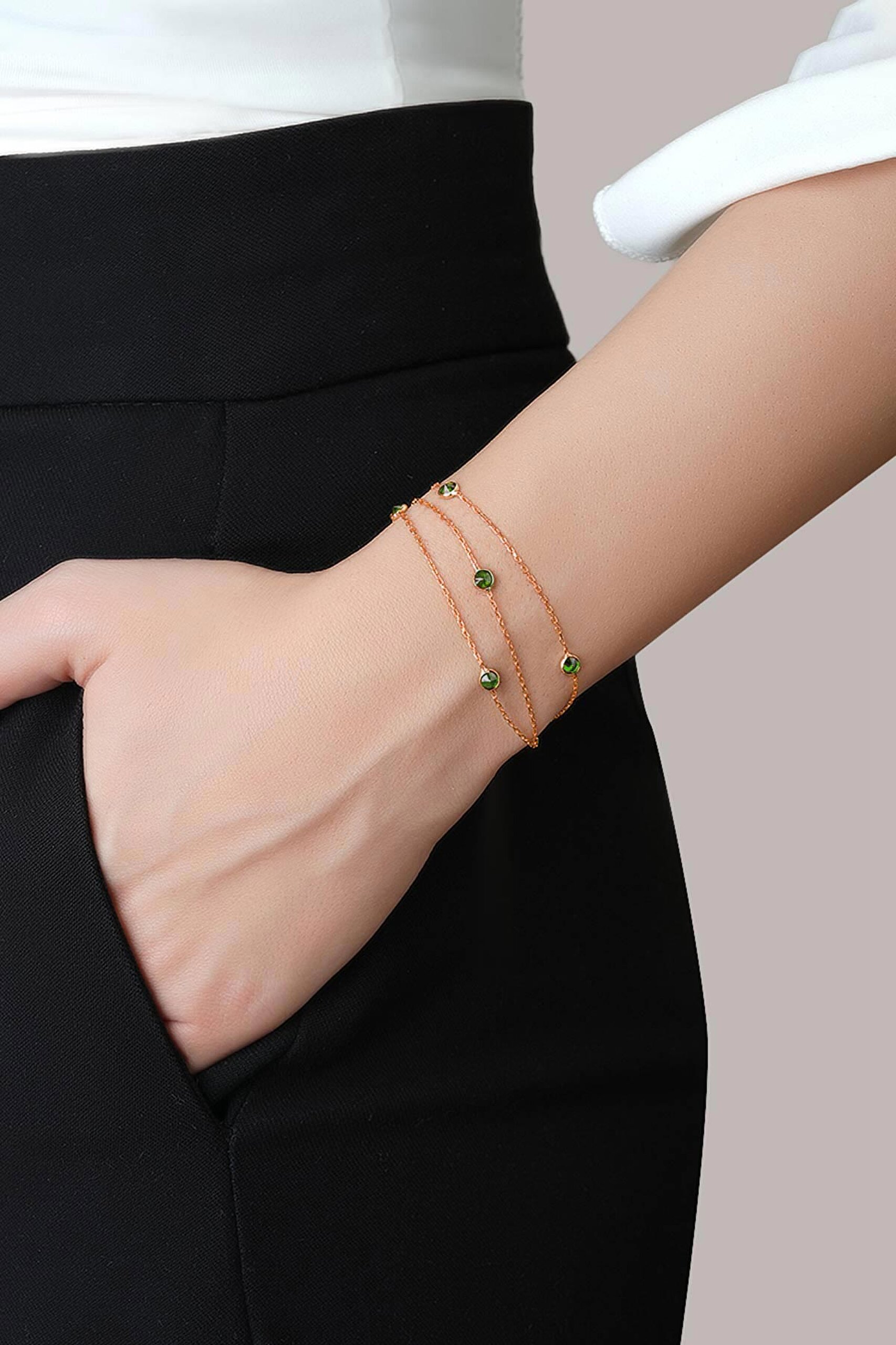 ⁠ Üç Sıra Zirkon Taşlı 18 Ayar Rose Altın Kaplama 19 Cm Gümüş Bileklik_1}