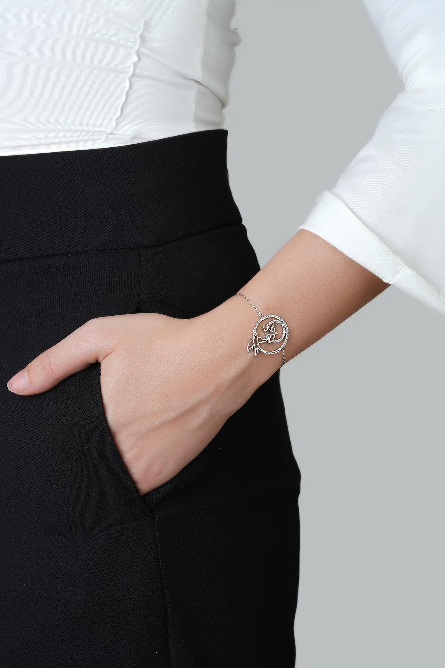 Özgürlük Kuşu 18 Ayar Beyaz Altın Kaplama Gümüş Bileklik - 3