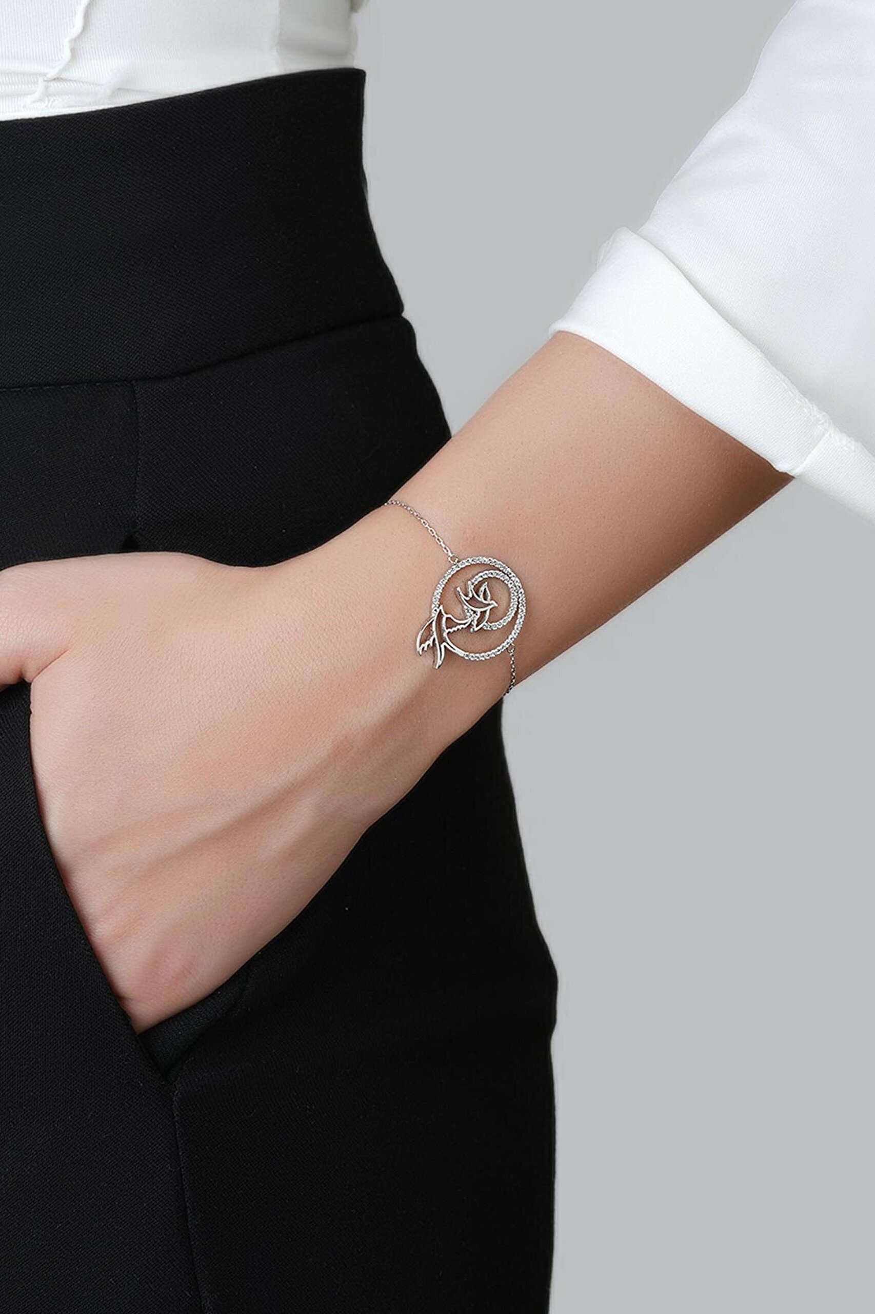 Özgürlük Kuşu 18 Ayar Beyaz Altın Kaplama Gümüş Bileklik - 1