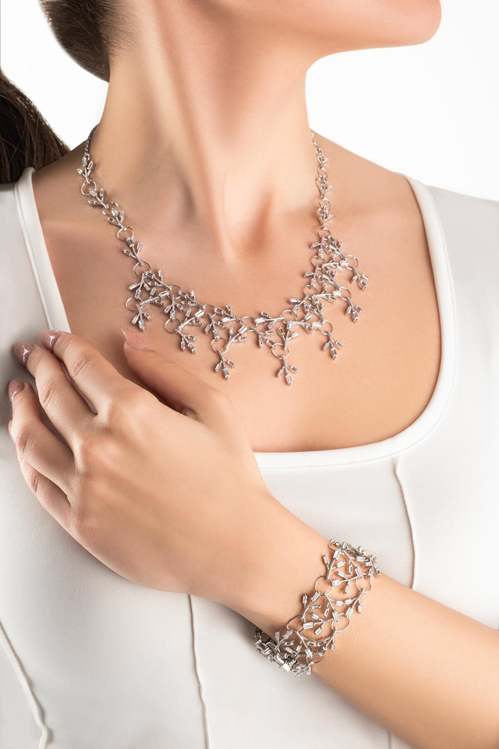 Fiore 18 Ayar  Beyaz Altın Kaplama 48 Cm Gümüş Gerdanlık - 5