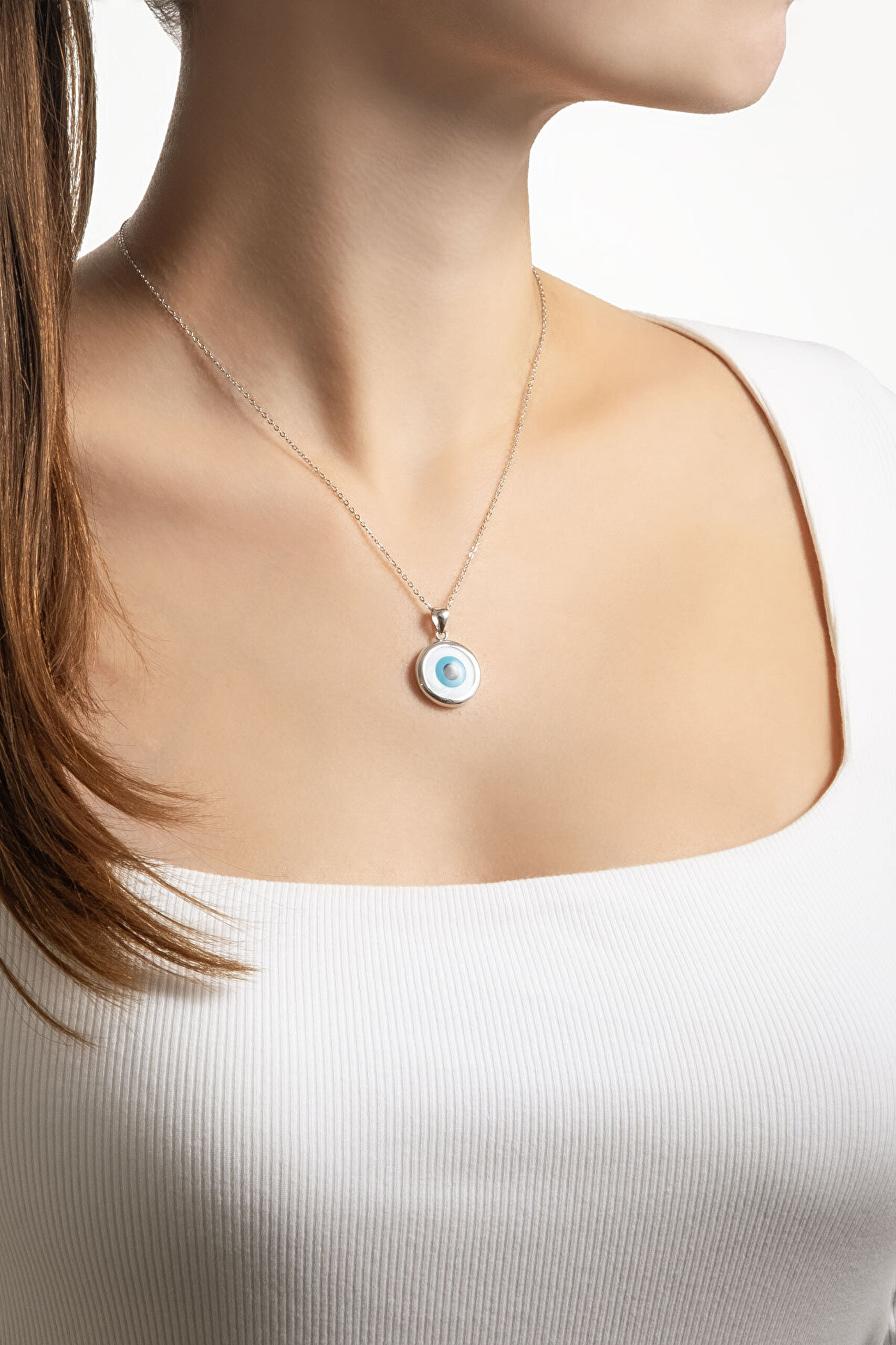 Renkli Göz 18 Ayar Beyaz Altın Kaplama 43 Cm Gümüş Kolye - 2