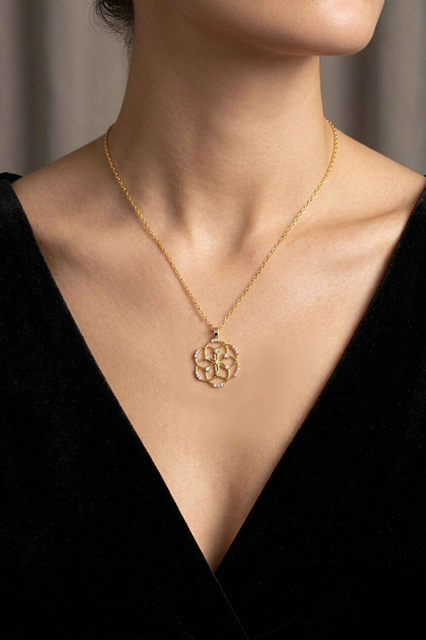 18 Ayar Sarı Altın Kaplama Gümüş 45 Cm Yaşam Çiçeği Kolye - 3