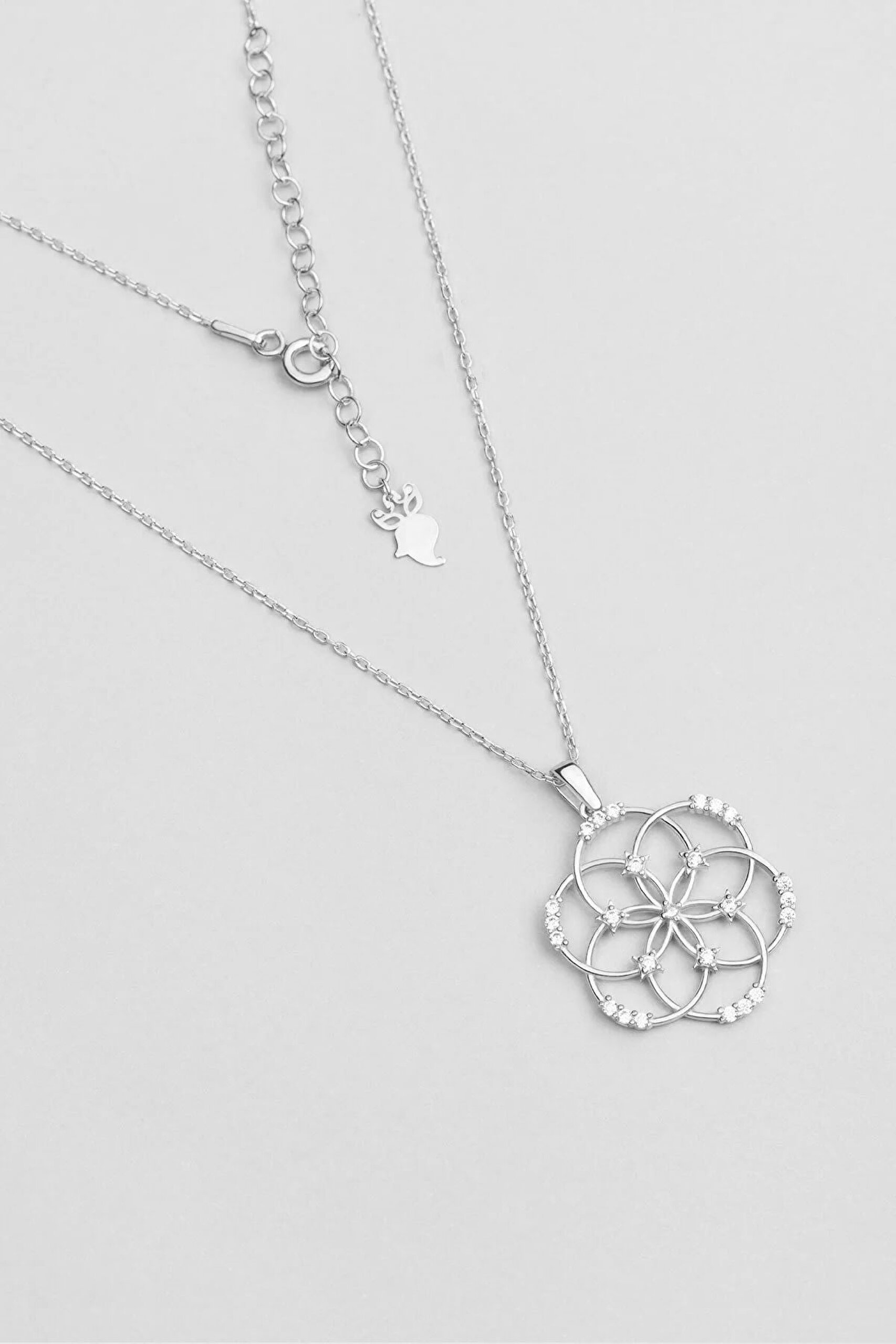 18 Ayar Beyaz Altın Kaplama Gümüş 45 Cm Yaşam Çiçeği Kolye - 0