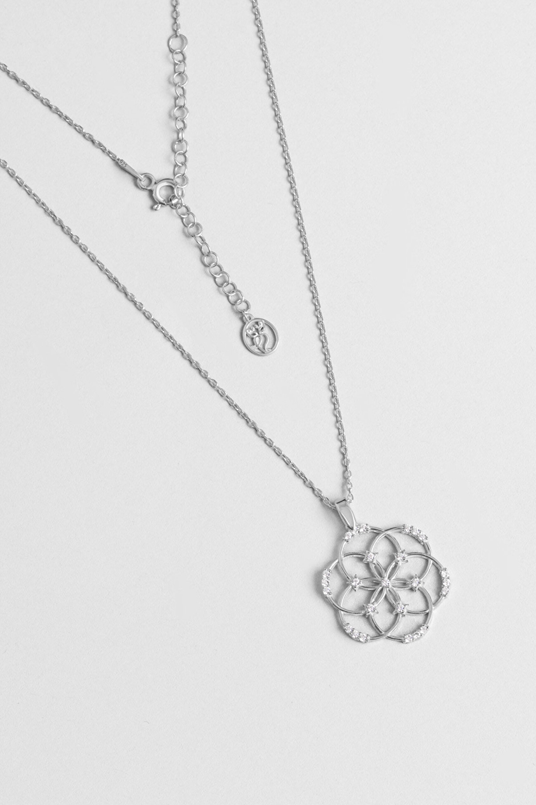 18 Ayar Beyaz Altın Kaplama Gümüş 45 Cm Yaşam Çiçeği Kolye - 0