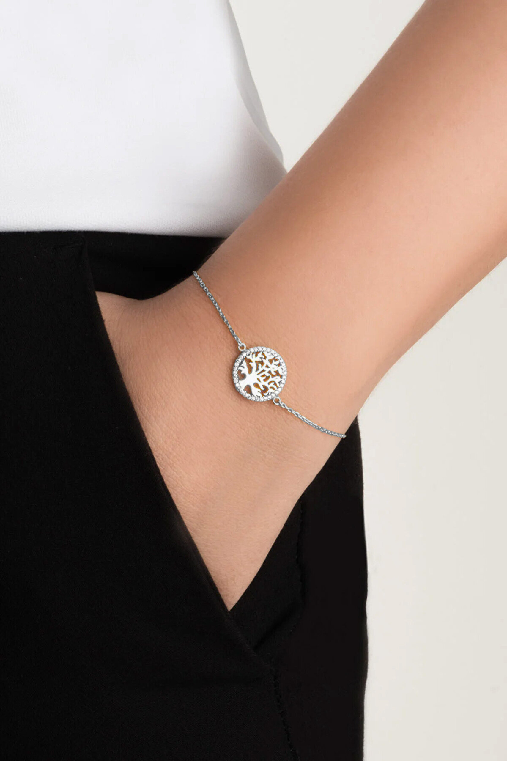 Hayat Ağacı 18 Ayar Beyaz Altın Kaplama 20 Cm Gümüş Minimal Bileklik - 1