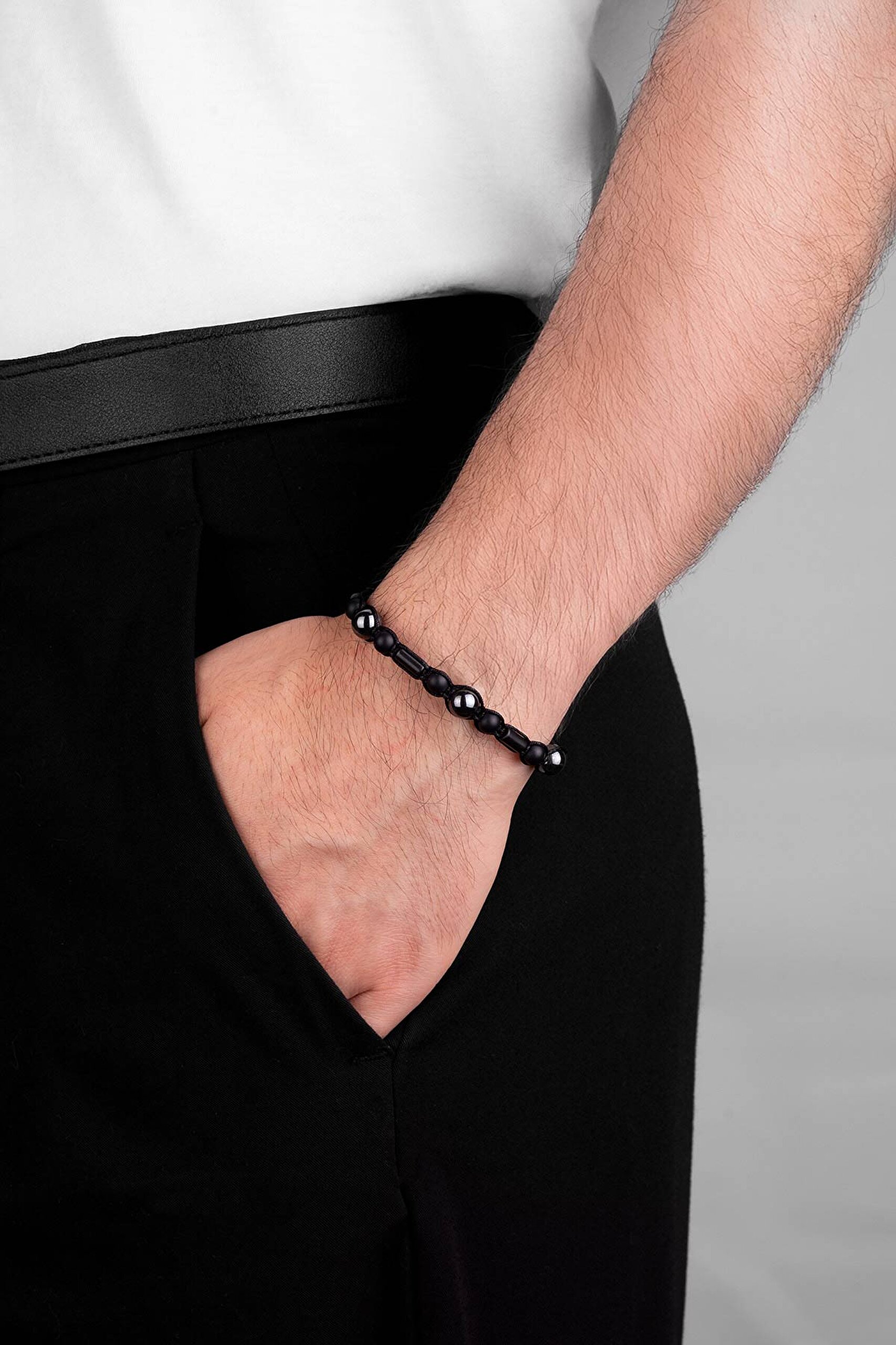 ⁠ Oniks Ve Hematit Taşlı Erkek 20 Cm Gümüş Bileklik_3}