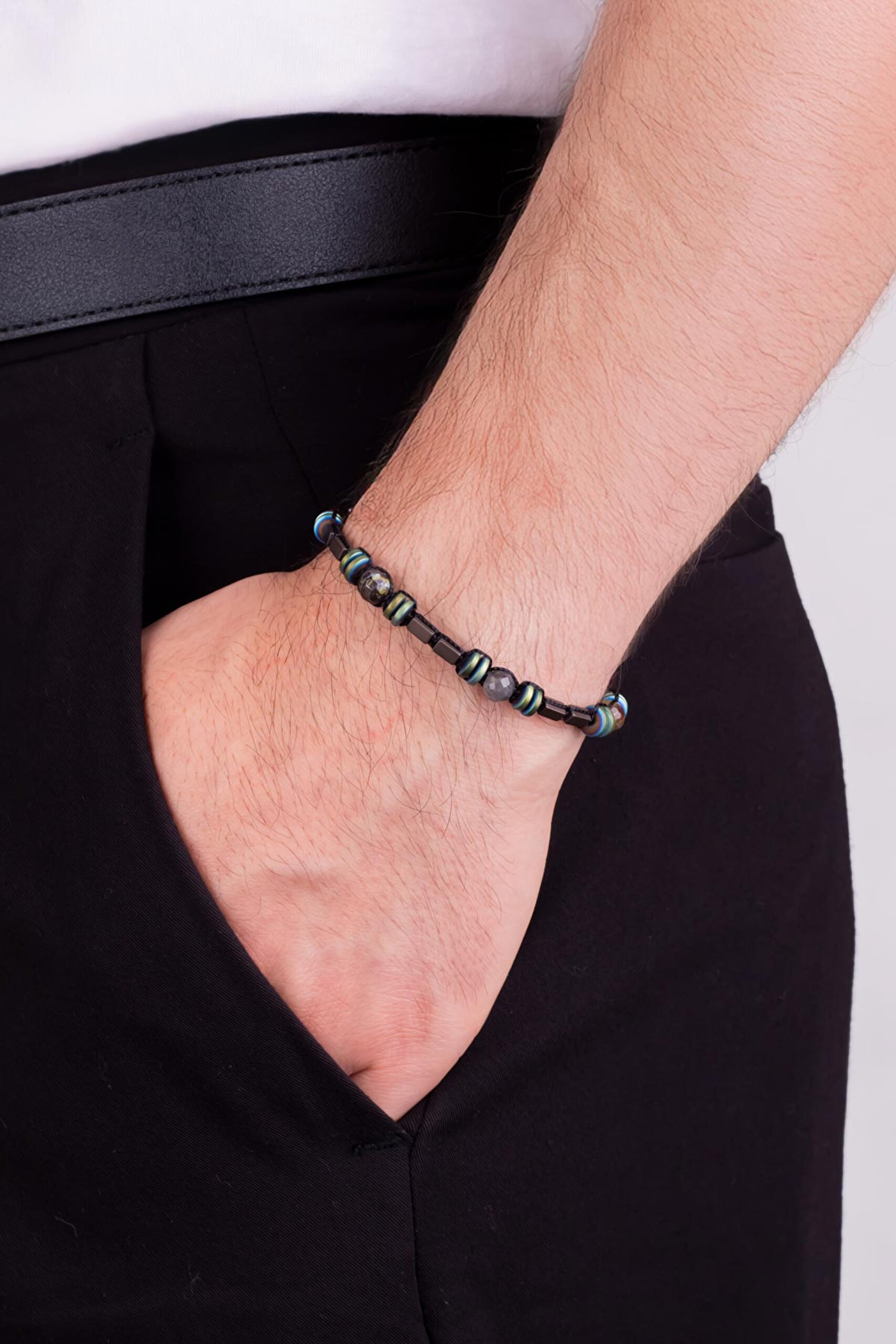 ⁠ Kalsedon Ve Hematit Taşlı 22 Cm Gümüş Erkek Bileklik_1}