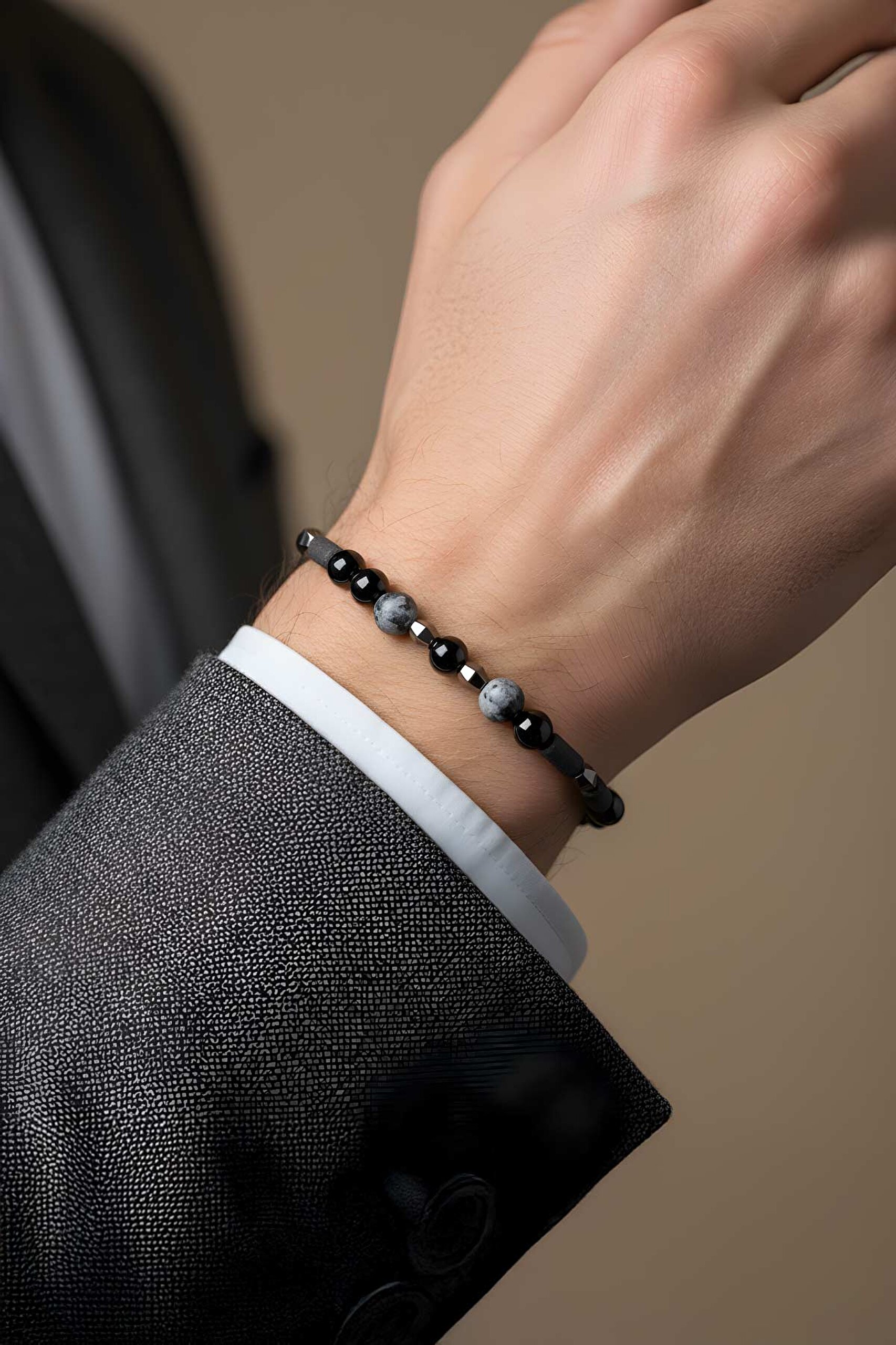 ⁠ Hematit Ve Dalmaçyalı Taşlı Erkek 22 Cm Gümüş Bileklik_3}