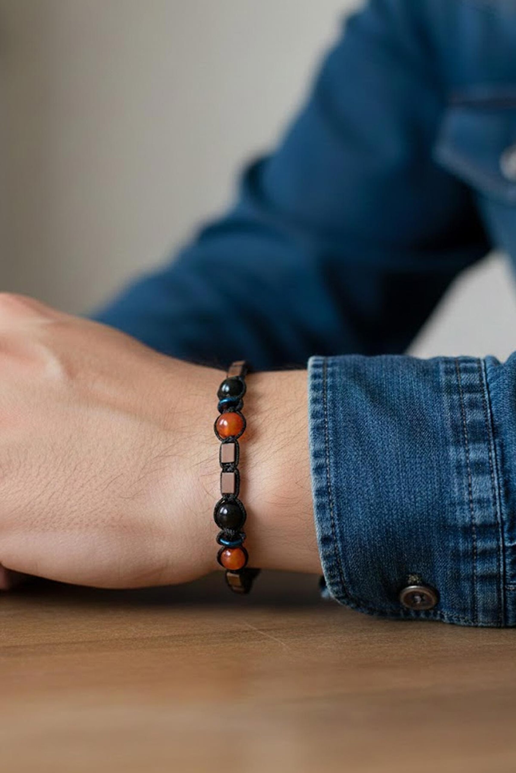 ⁠ Hematit Ve Akik Taşlı 22 Cm Gümüş Erkek Bileklik_1}