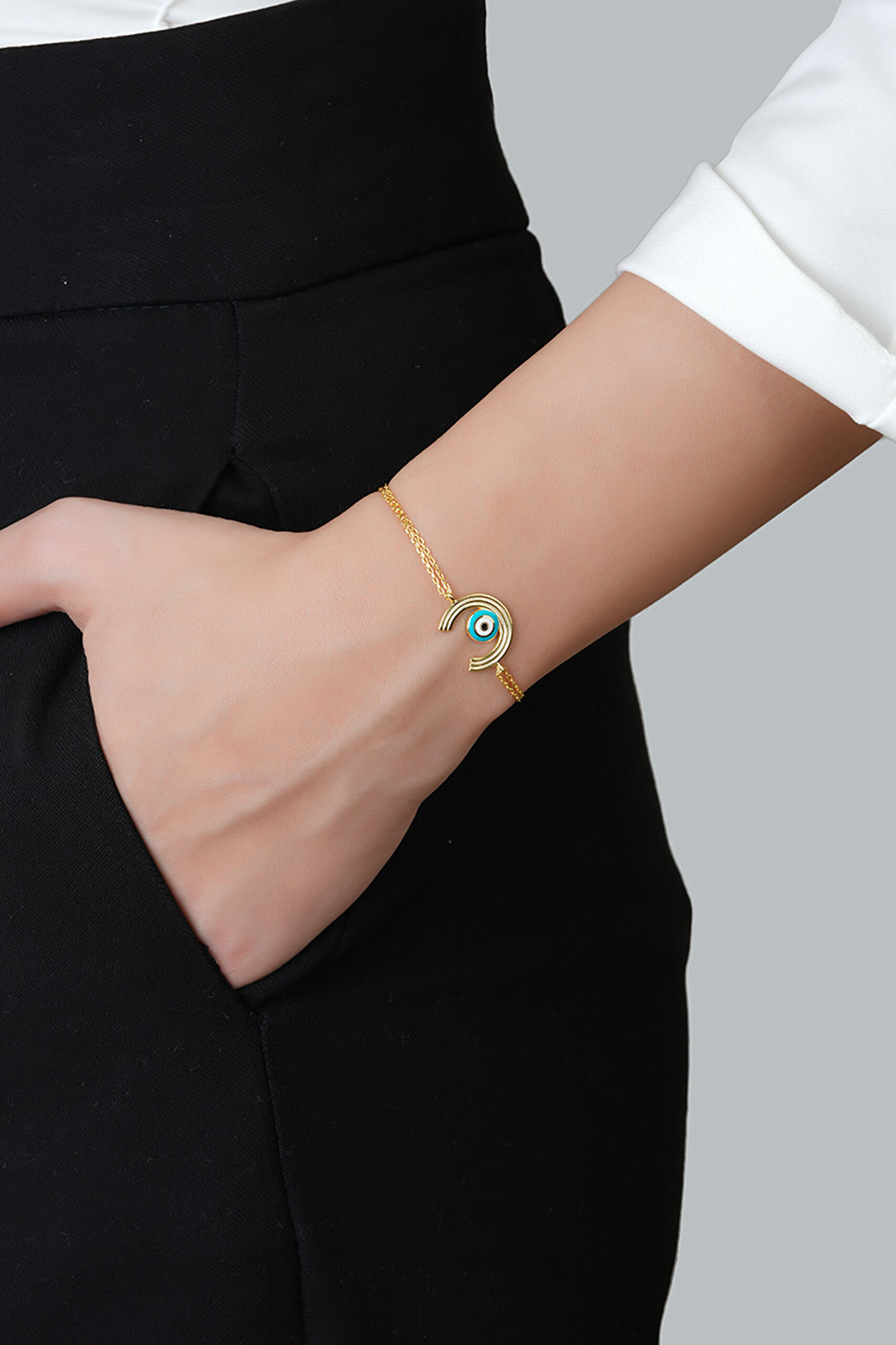 ⁠ Minimal Nazar 18 Ayar Sarı Altın Kaplama 19 Cm Gümüş Bileklik_1}