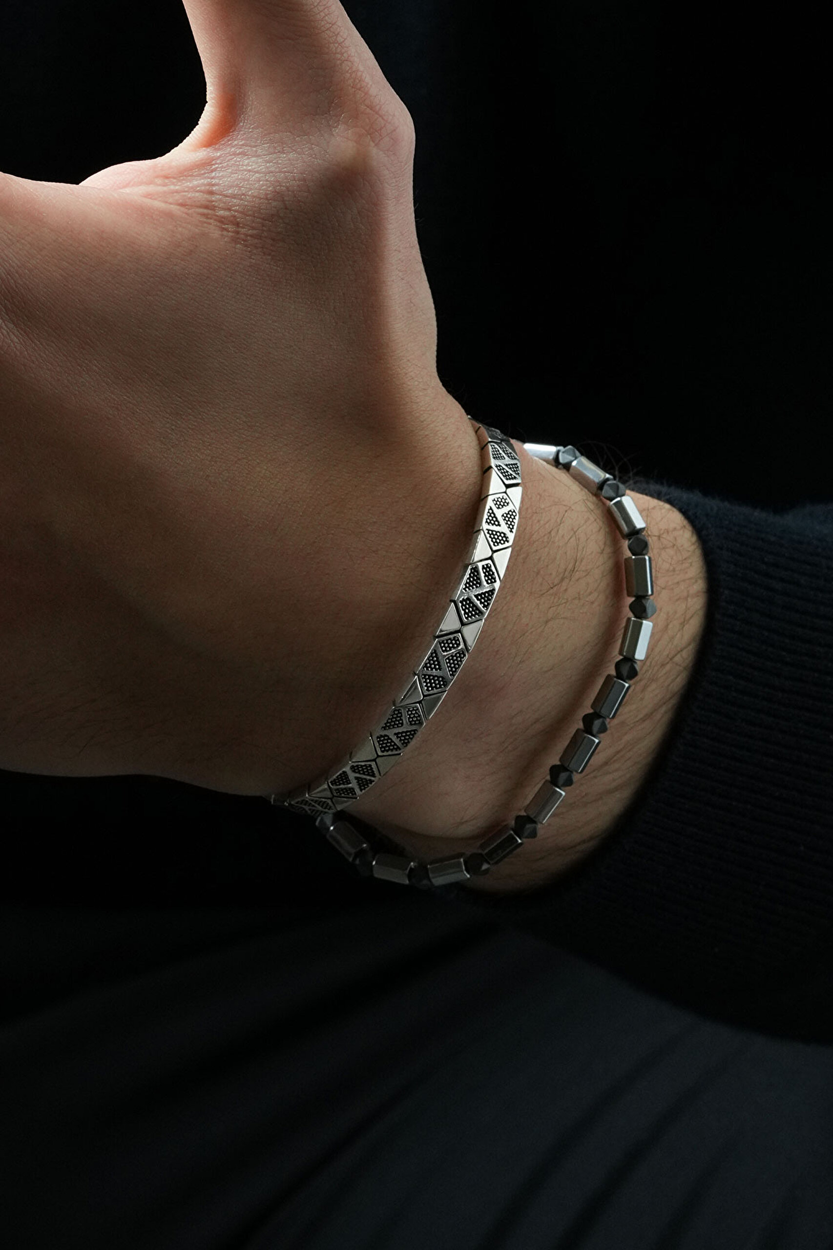 Modern Stil Gümüş Erkek Kelepçe Bileklik - 4