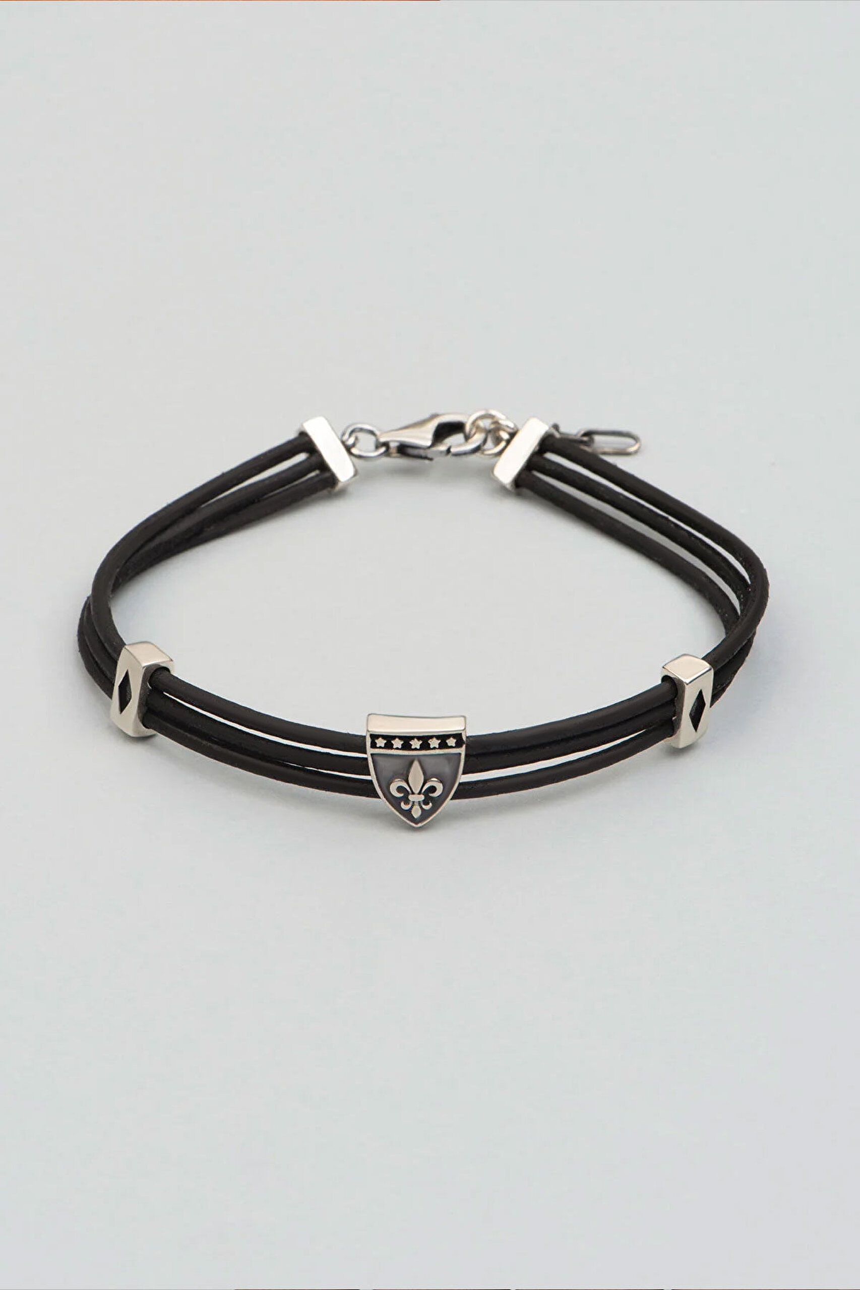 ⁠ İriş Çiçeği Figürlü Siyah Vegan Deri 20 Cm Gümüş Erkek Bileklik_0}