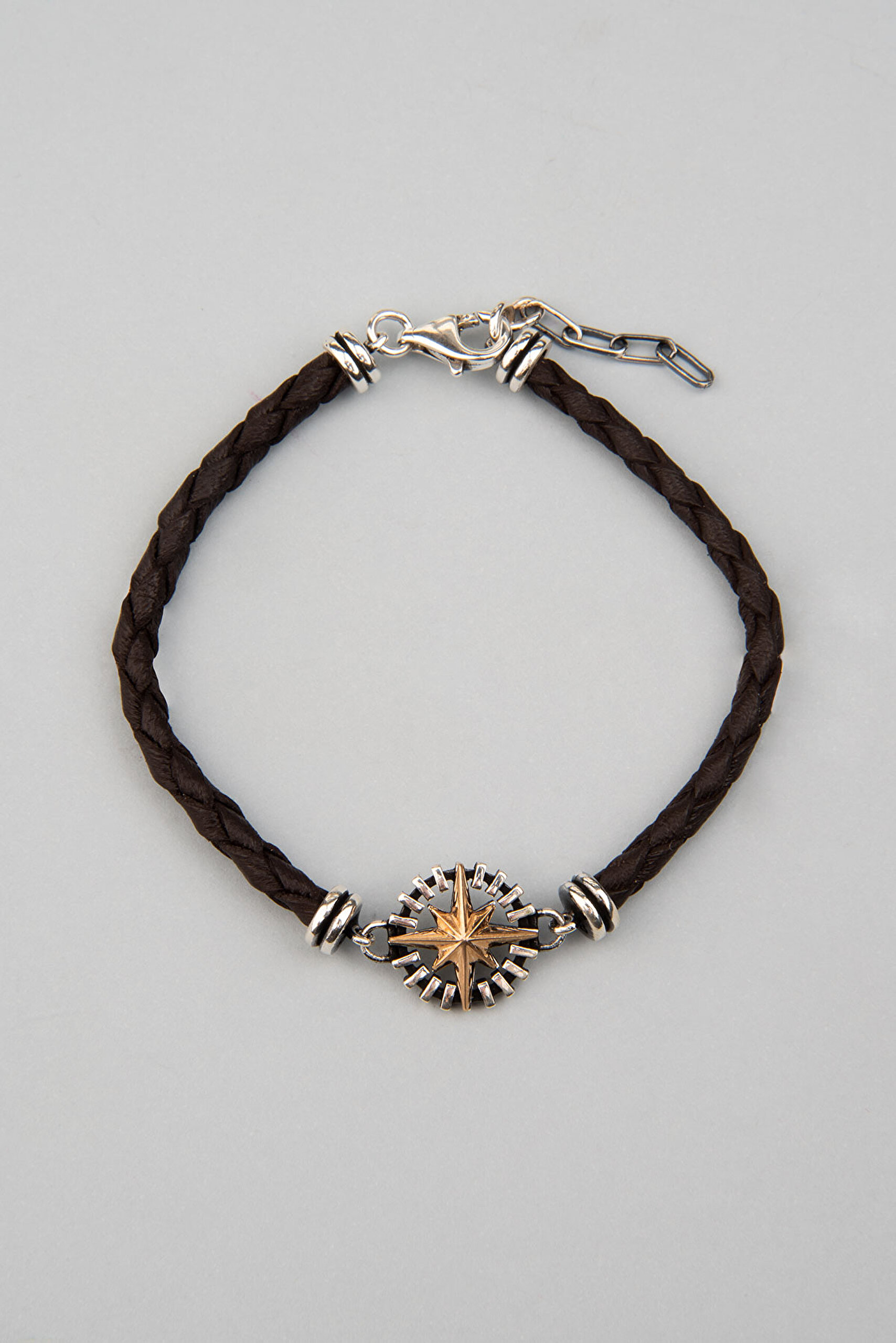 ⁠ Pusula Figürlü Kahverengi Vegan Deri 21 Cm Gümüş Erkek Bileklik_0}