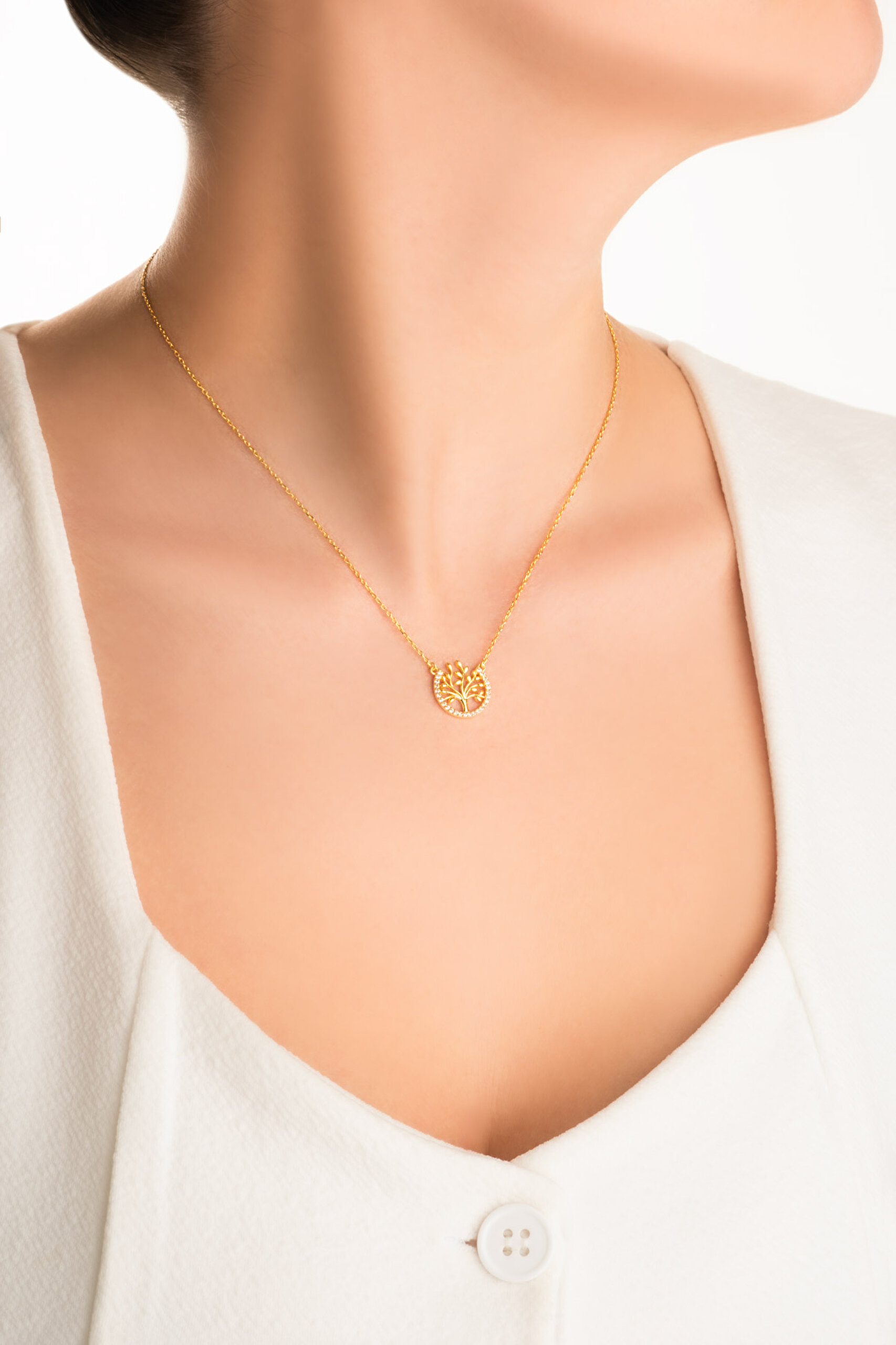 ⁠ Hayat Ağacı Figürlü 18 Ayar Sarı Altın Kaplama Taşlı 45 Cm Gümüş Kolye_3}